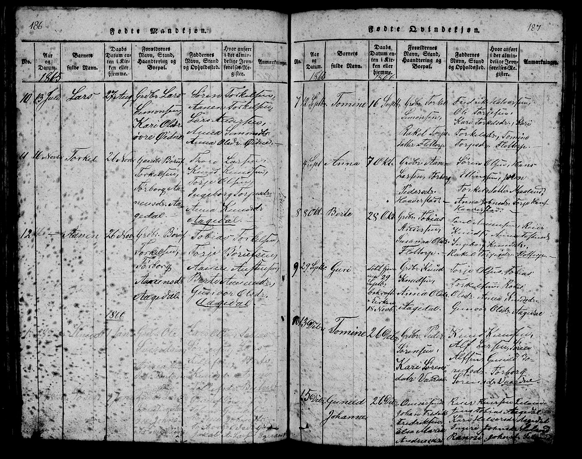Bjelland sokneprestkontor, SAK/1111-0005/F/Fb/Fbc/L0001: Parish register (copy) no. B 1, 1815-1870, p. 186-187