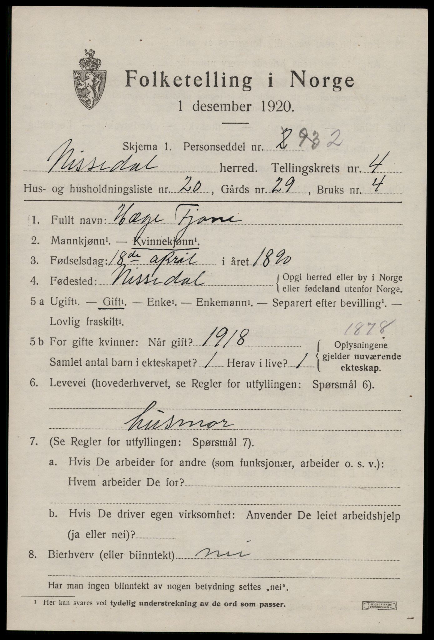 SAKO, 1920 census for Nissedal, 1920, p. 2013