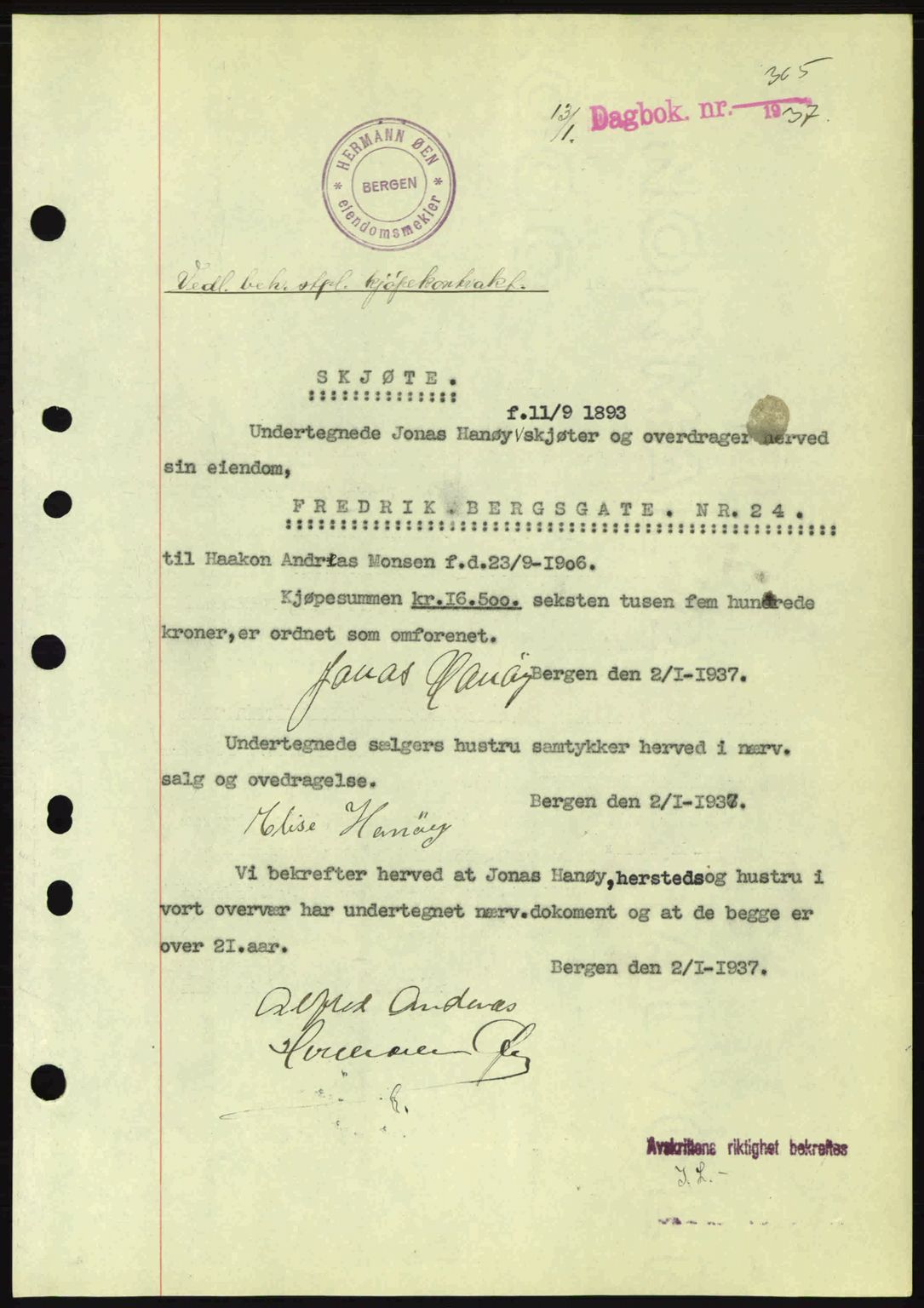 Byfogd og Byskriver i Bergen, SAB/A-3401/03/03Bc/L0004: Mortgage book no. A3-4, 1936-1937, Diary no: : 365/1937
