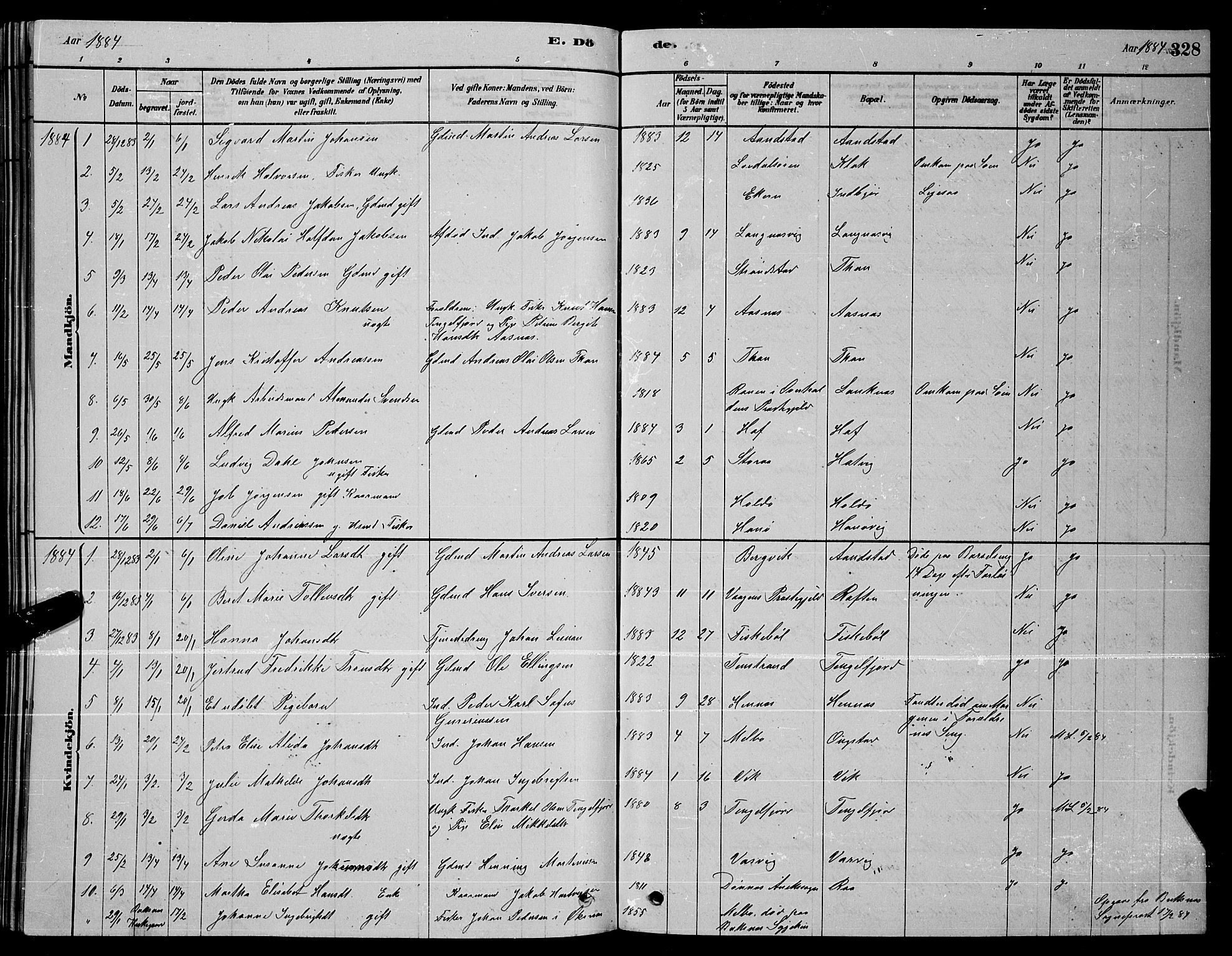 Ministerialprotokoller, klokkerbøker og fødselsregistre - Nordland, AV/SAT-A-1459/888/L1267: Parish register (copy) no. 888C05, 1878-1890, p. 328