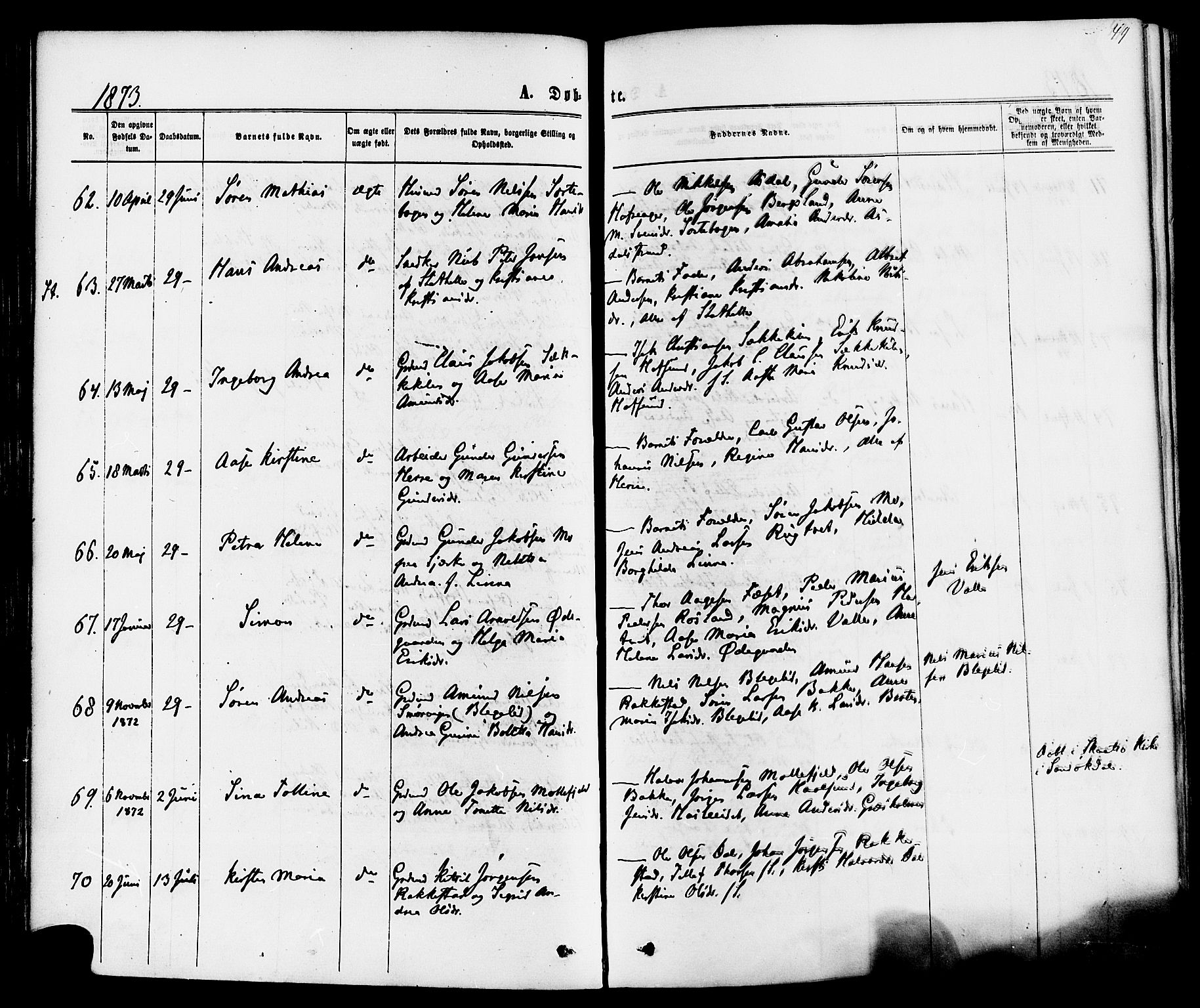 Bamble kirkebøker, AV/SAKO-A-253/F/Fa/L0006: Parish register (official) no. I 6, 1869-1877, p. 49