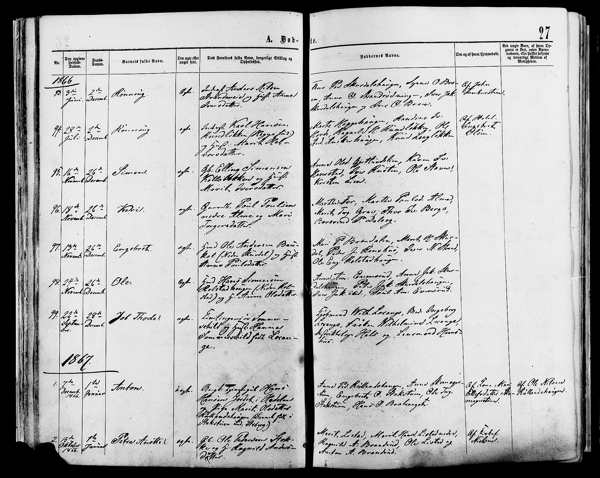 Sør-Fron prestekontor, SAH/PREST-010/H/Ha/Haa/L0002: Parish register (official) no. 2, 1864-1880, p. 27