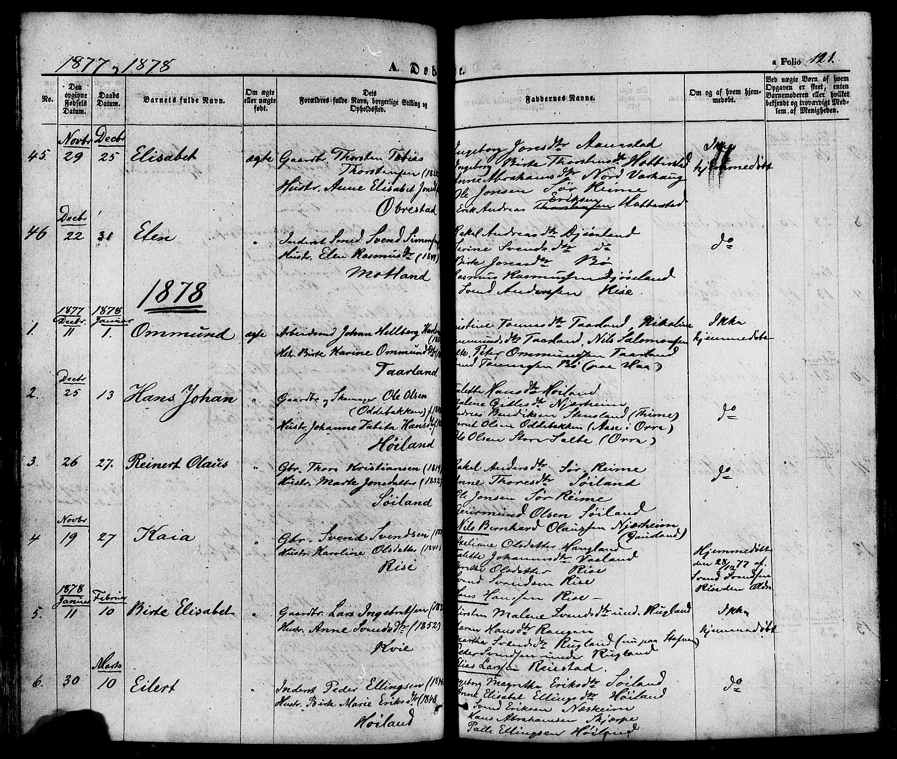 Hå sokneprestkontor, AV/SAST-A-101801/001/30BA/L0008: Parish register (official) no. A 7, 1853-1878, p. 121