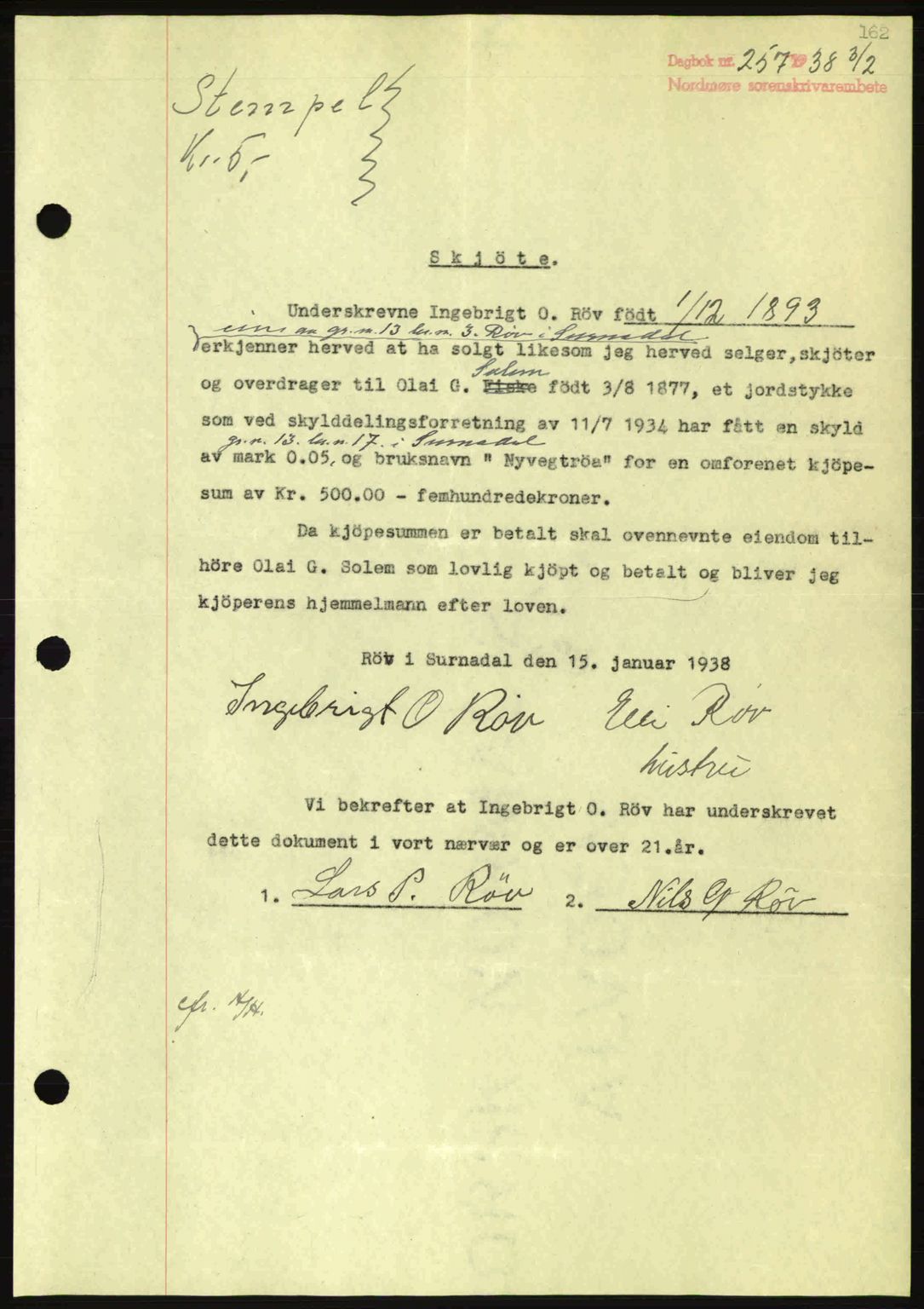 Nordmøre sorenskriveri, AV/SAT-A-4132/1/2/2Ca: Mortgage book no. A83, 1938-1938, Diary no: : 257/1938