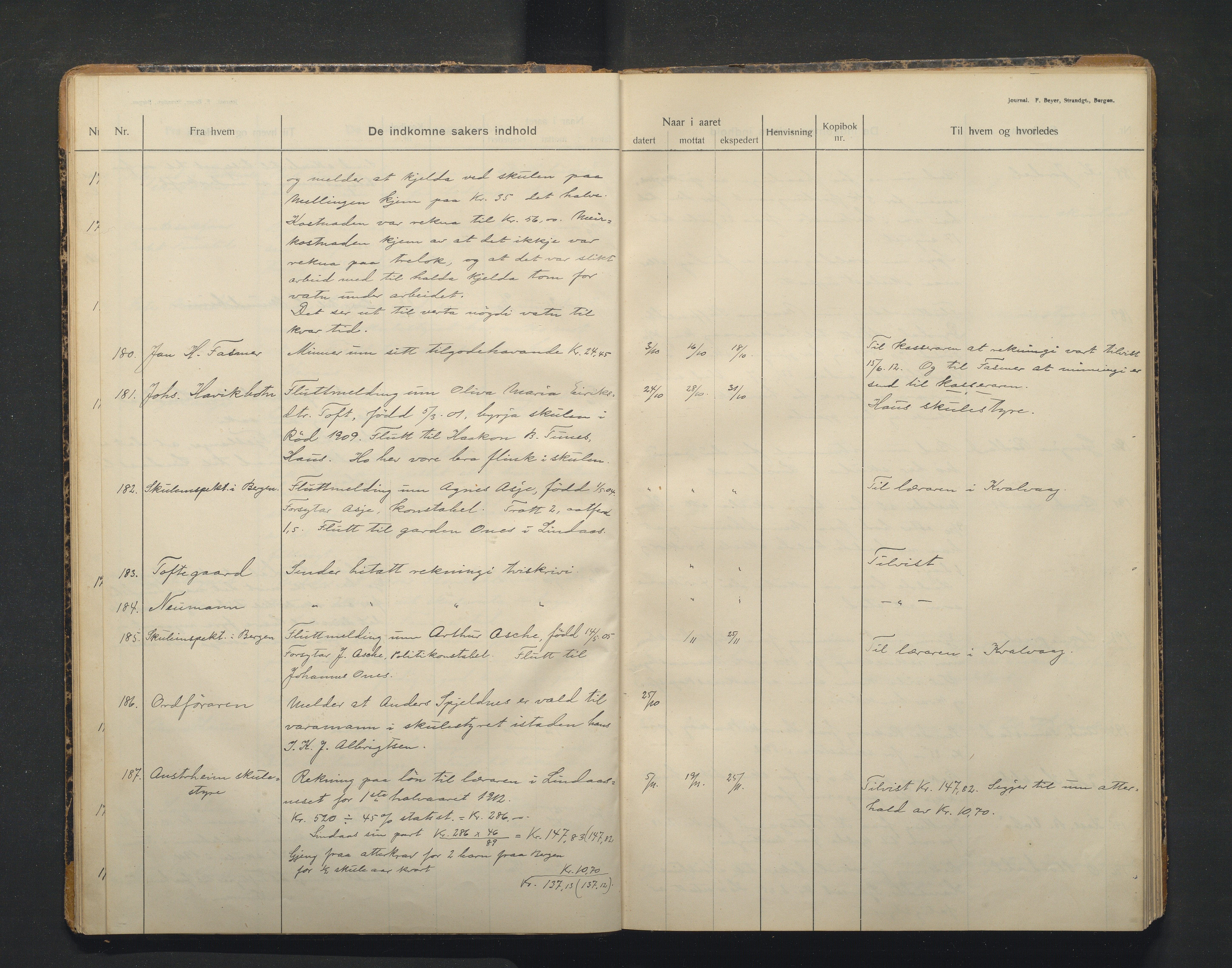 Lindås kommune. Skulestyret, IKAH/1263-211/C/Ca/L0005: Postjournal for Lindås skulestyre, 1912-1918