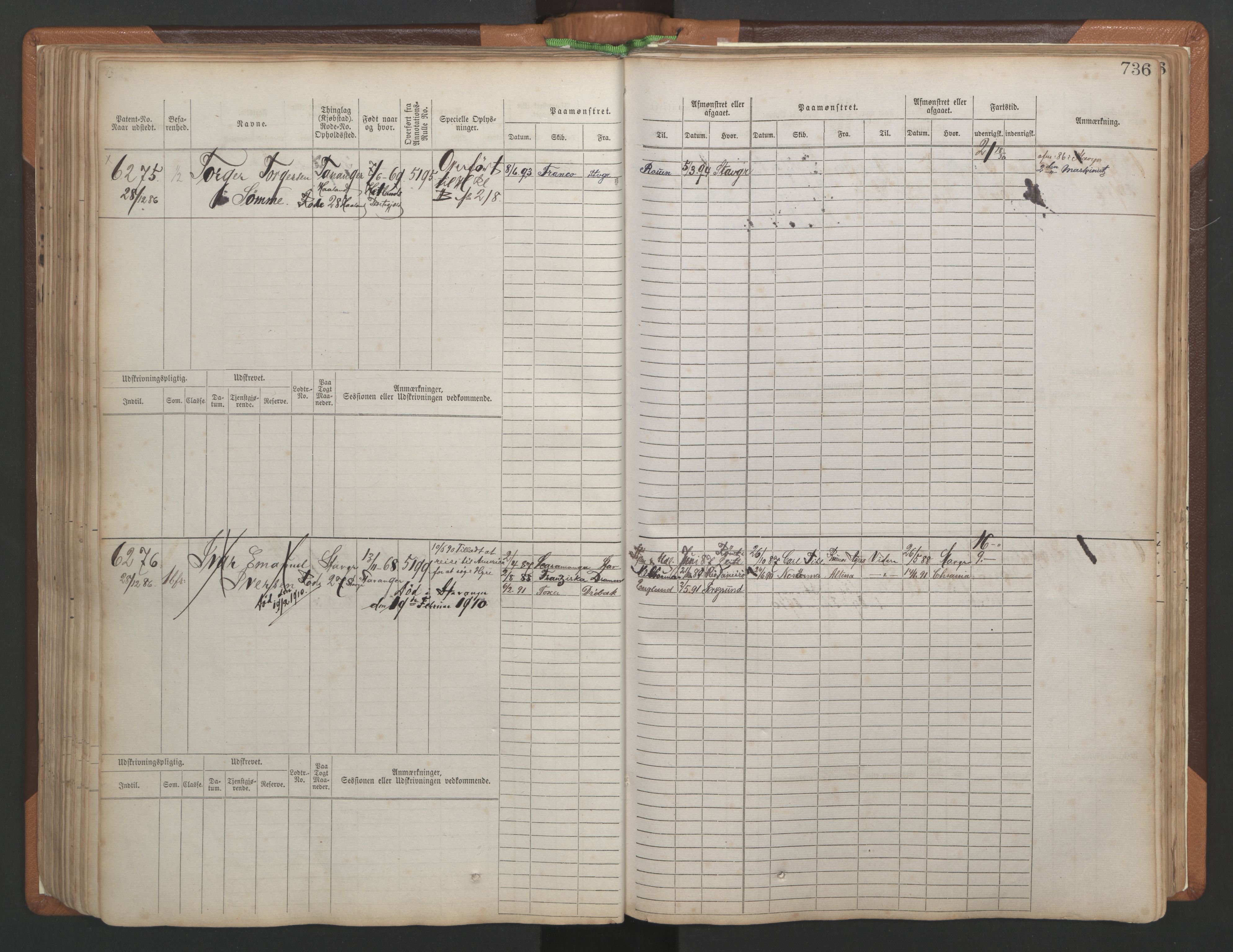 Stavanger sjømannskontor, AV/SAST-A-102006/F/Fb/Fbb/L0010: Sjøfartshovedrulle, patentnr. 6007-6606 (del 1), 1887-1896, p. 140