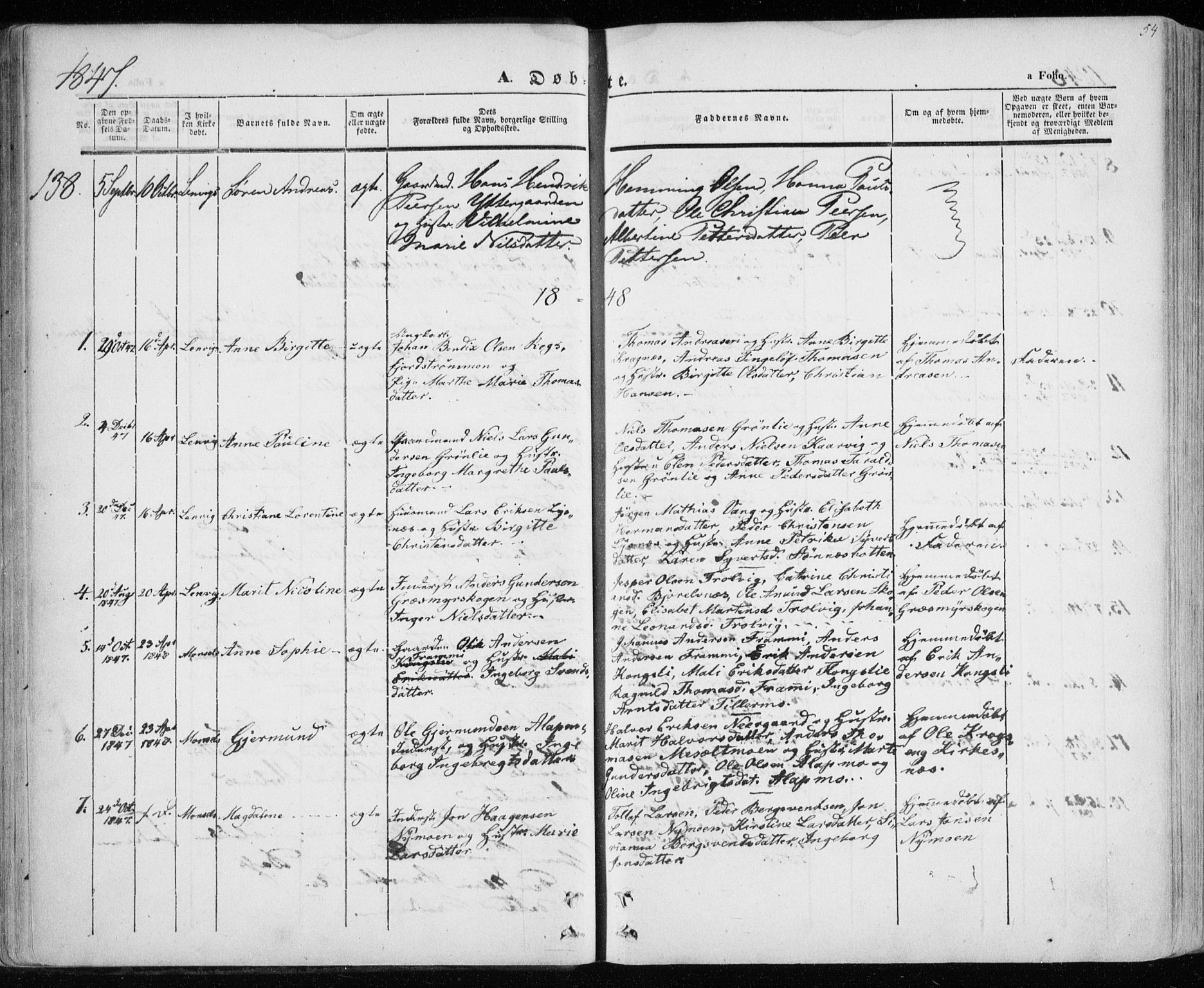Lenvik sokneprestembete, SATØ/S-1310/H/Ha/Haa/L0006kirke: Parish register (official) no. 6, 1845-1854, p. 54