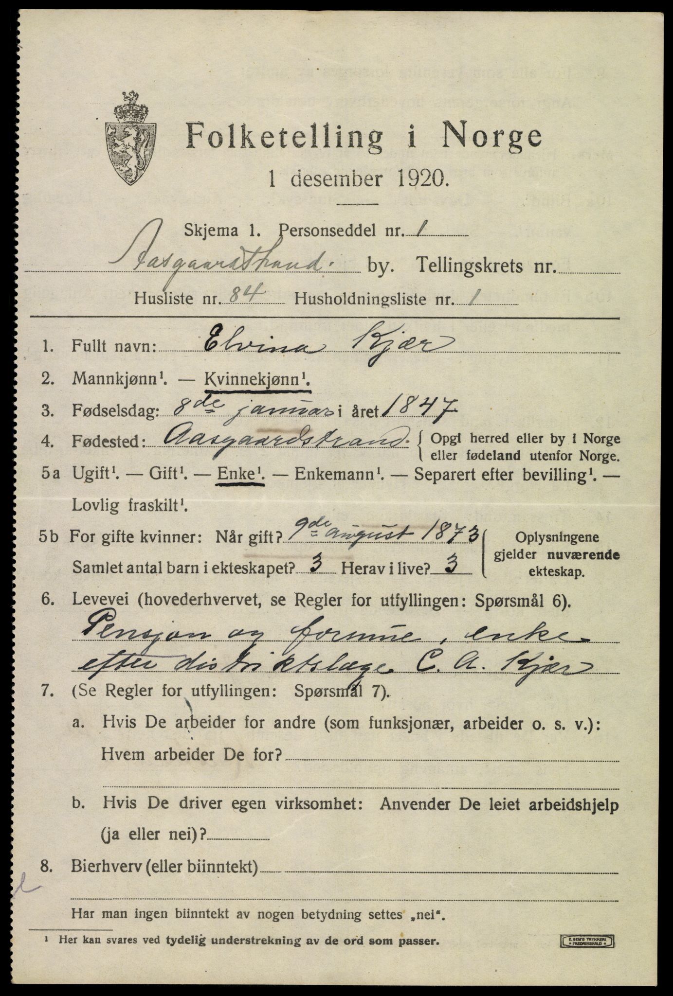 SAKO, 1920 census for Åsgårdstrand, 1920, p. 1237