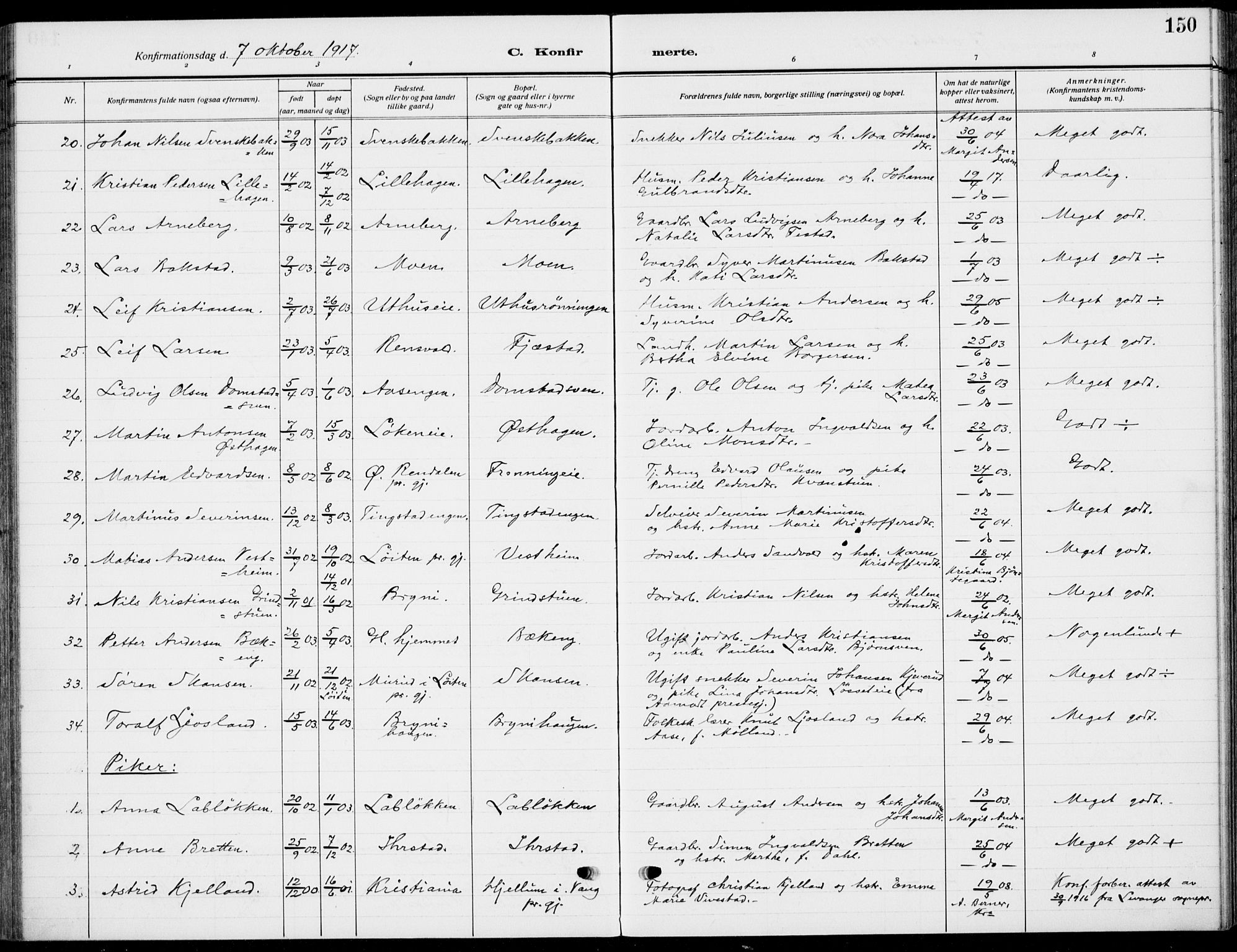 Romedal prestekontor, AV/SAH-PREST-004/K/L0012: Parish register (official) no. 12, 1913-1935, p. 150