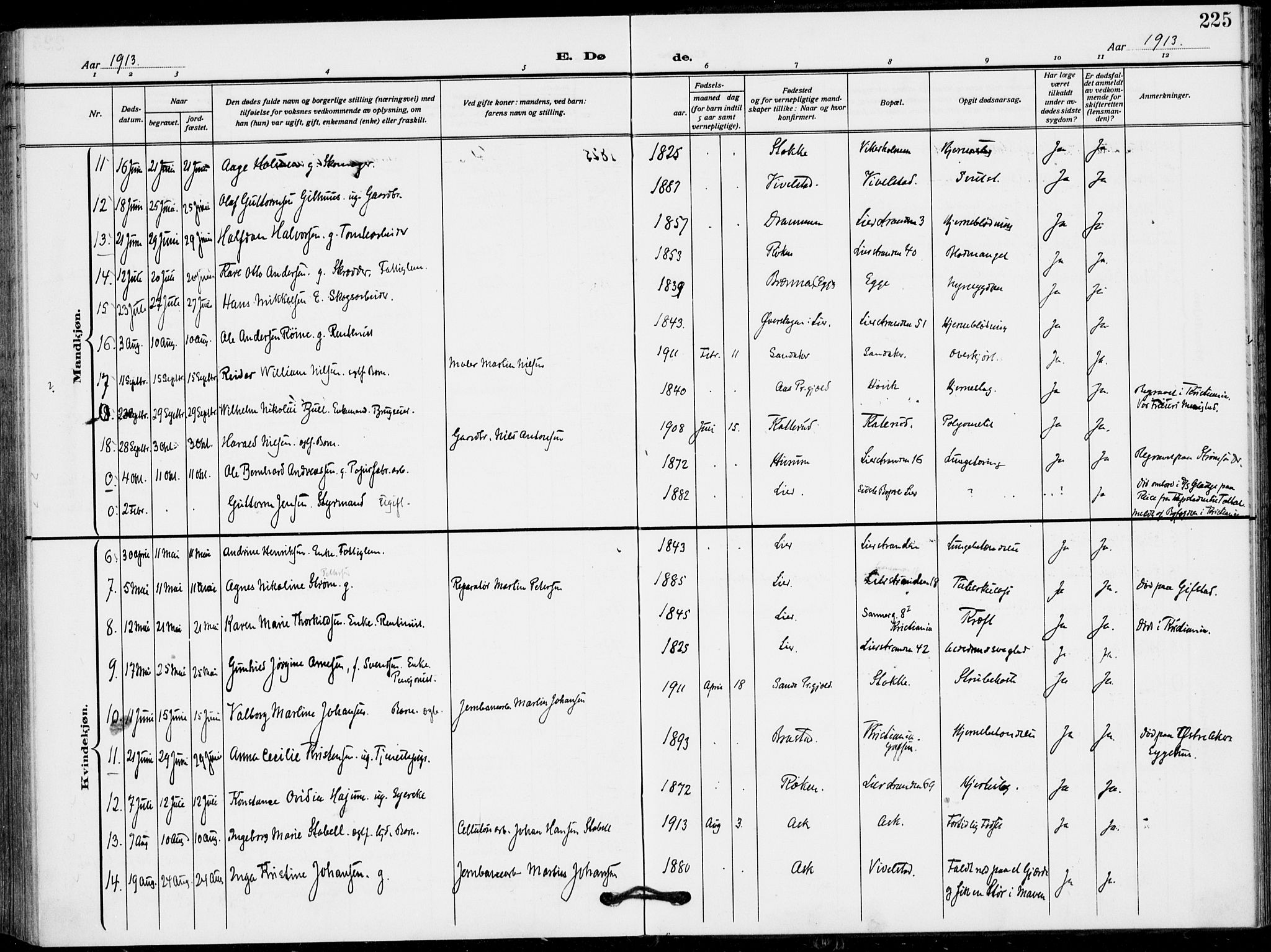 Lier kirkebøker, AV/SAKO-A-230/F/Fa/L0018: Parish register (official) no. I 18, 1909-1917, p. 225