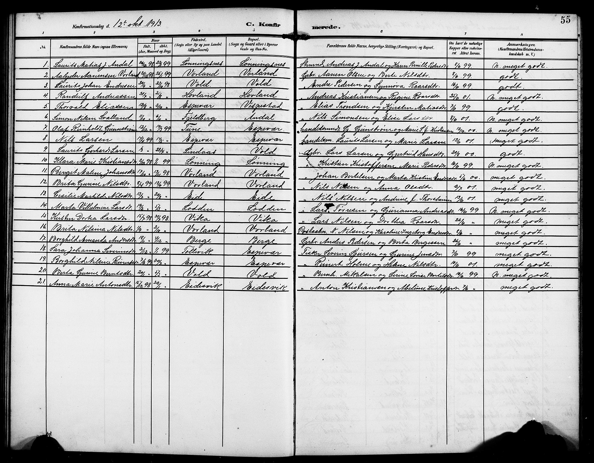 Finnås sokneprestembete, SAB/A-99925/H/Ha/Hab/Habc/L0003: Parish register (copy) no. C 3, 1907-1917, p. 55