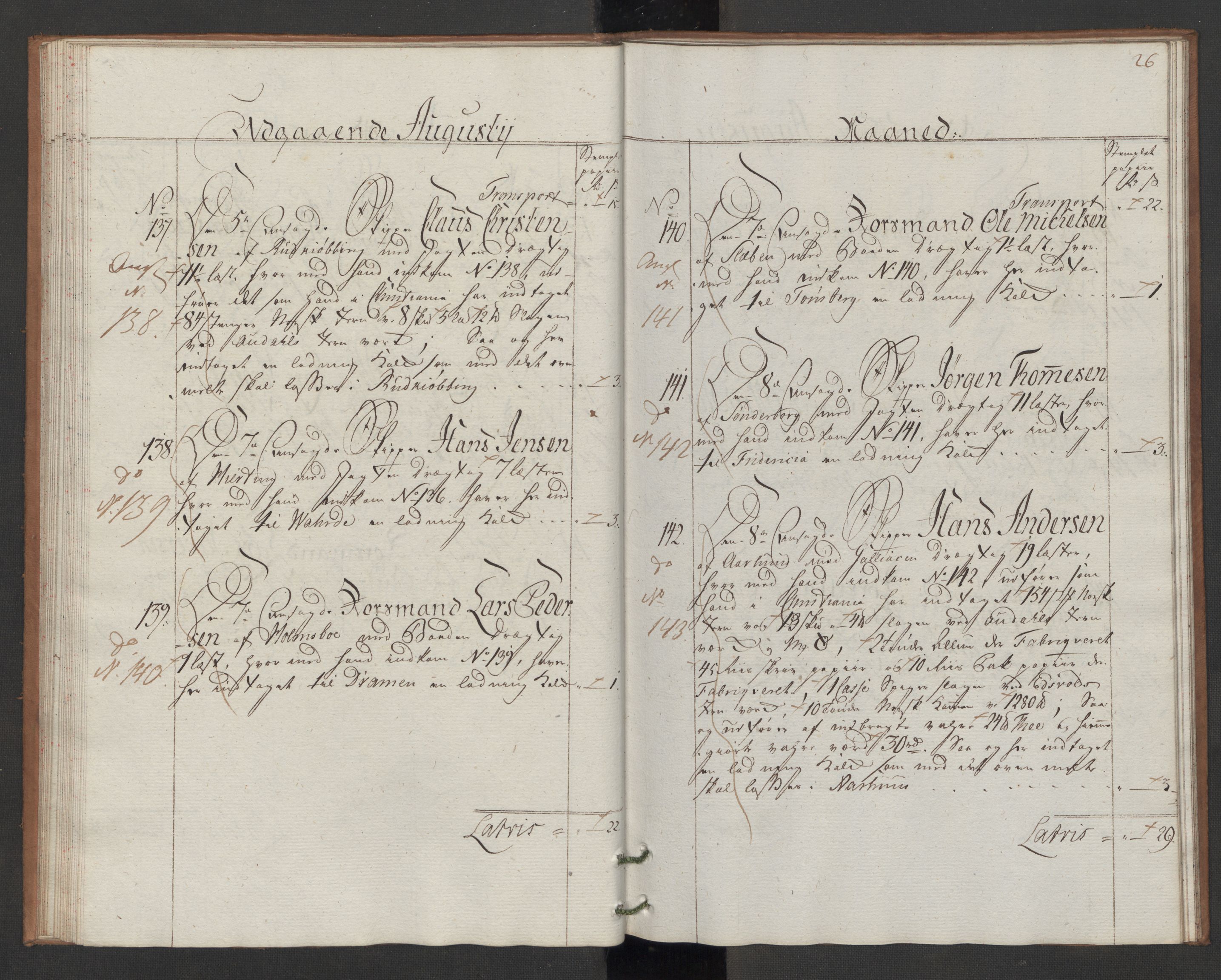 Generaltollkammeret, tollregnskaper, AV/RA-EA-5490/R06/L0166/0002: Tollregnskaper Kristiania / Utgående hovedtollbok Slependen, 1786, p. 25b-26a