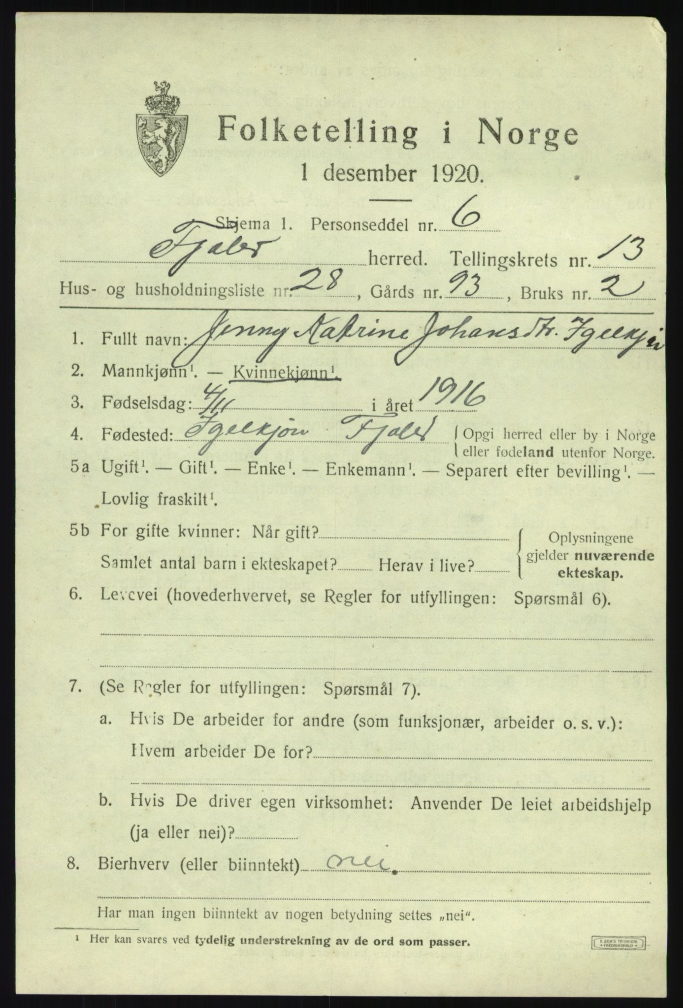 SAB, 1920 census for Fjaler, 1920, p. 7535