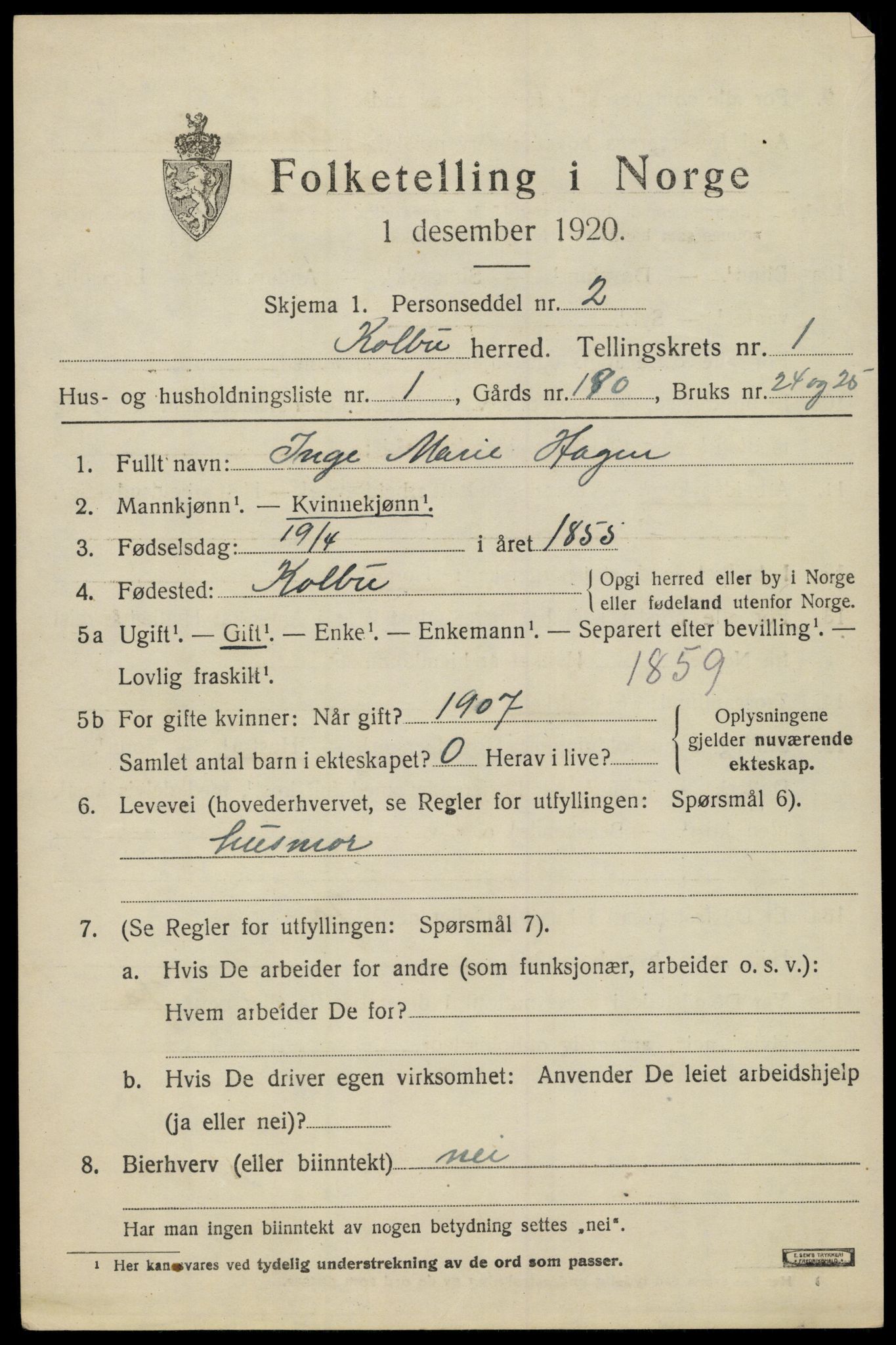 SAH, 1920 census for Kolbu, 1920, p. 1034