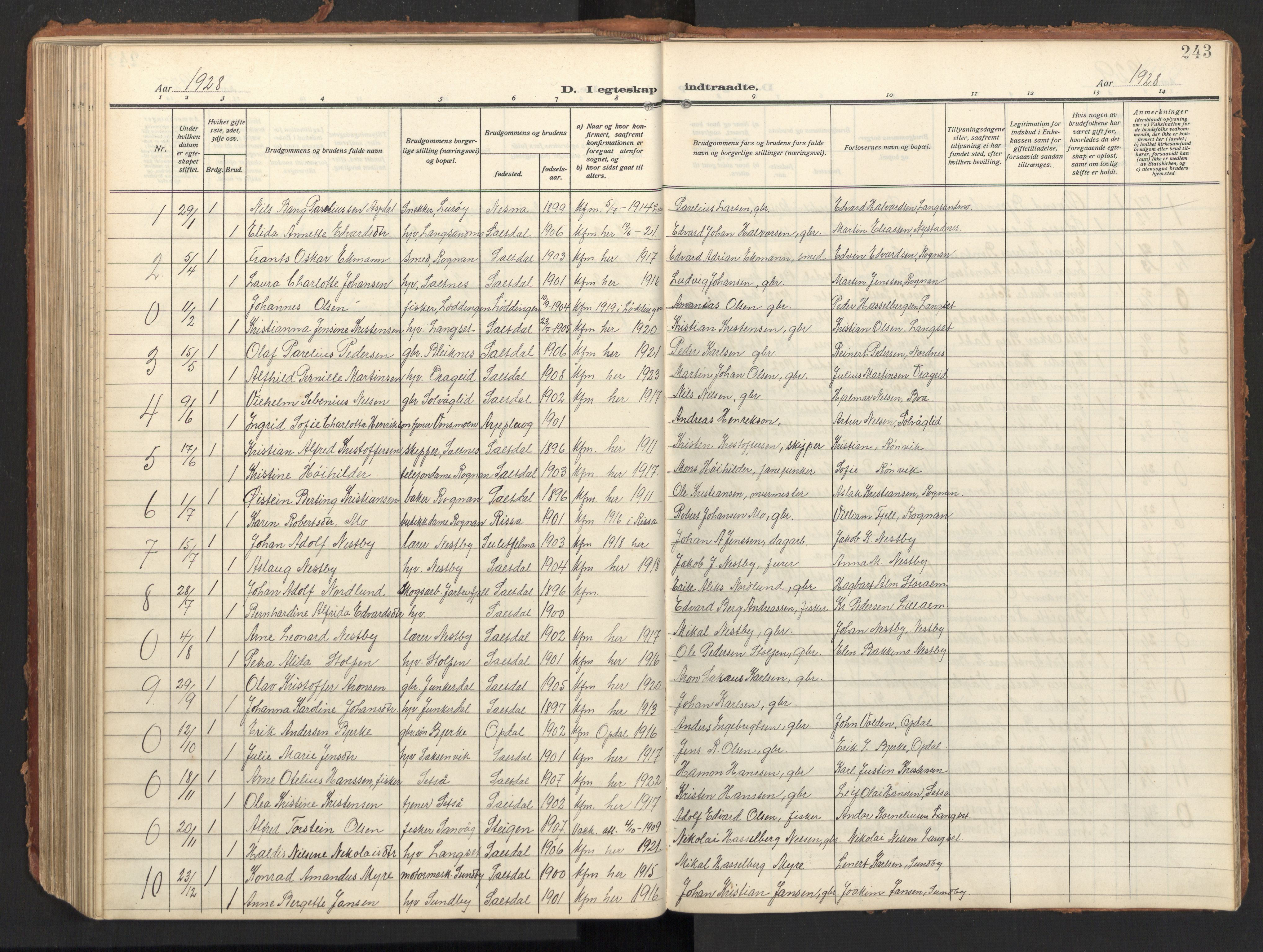 Ministerialprotokoller, klokkerbøker og fødselsregistre - Nordland, SAT/A-1459/847/L0683: Parish register (copy) no. 847C11, 1908-1929, p. 243