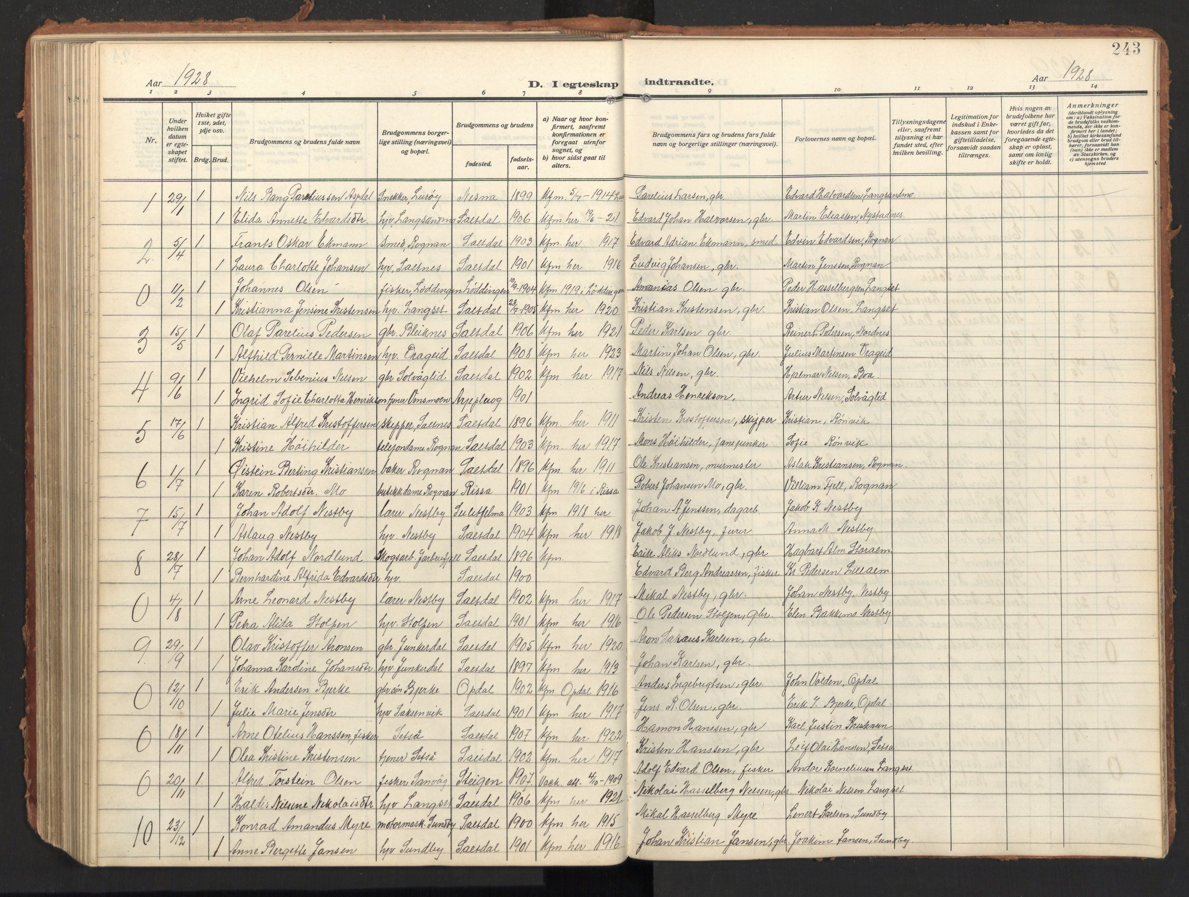 Ministerialprotokoller, klokkerbøker og fødselsregistre - Nordland, AV/SAT-A-1459/847/L0683: Parish register (copy) no. 847C11, 1908-1929, p. 243