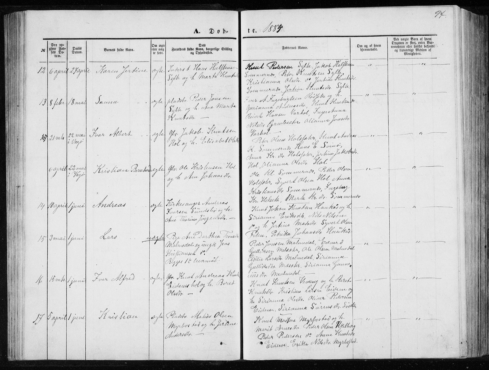Ministerialprotokoller, klokkerbøker og fødselsregistre - Møre og Romsdal, SAT/A-1454/565/L0754: Parish register (copy) no. 565C03, 1870-1896, p. 94