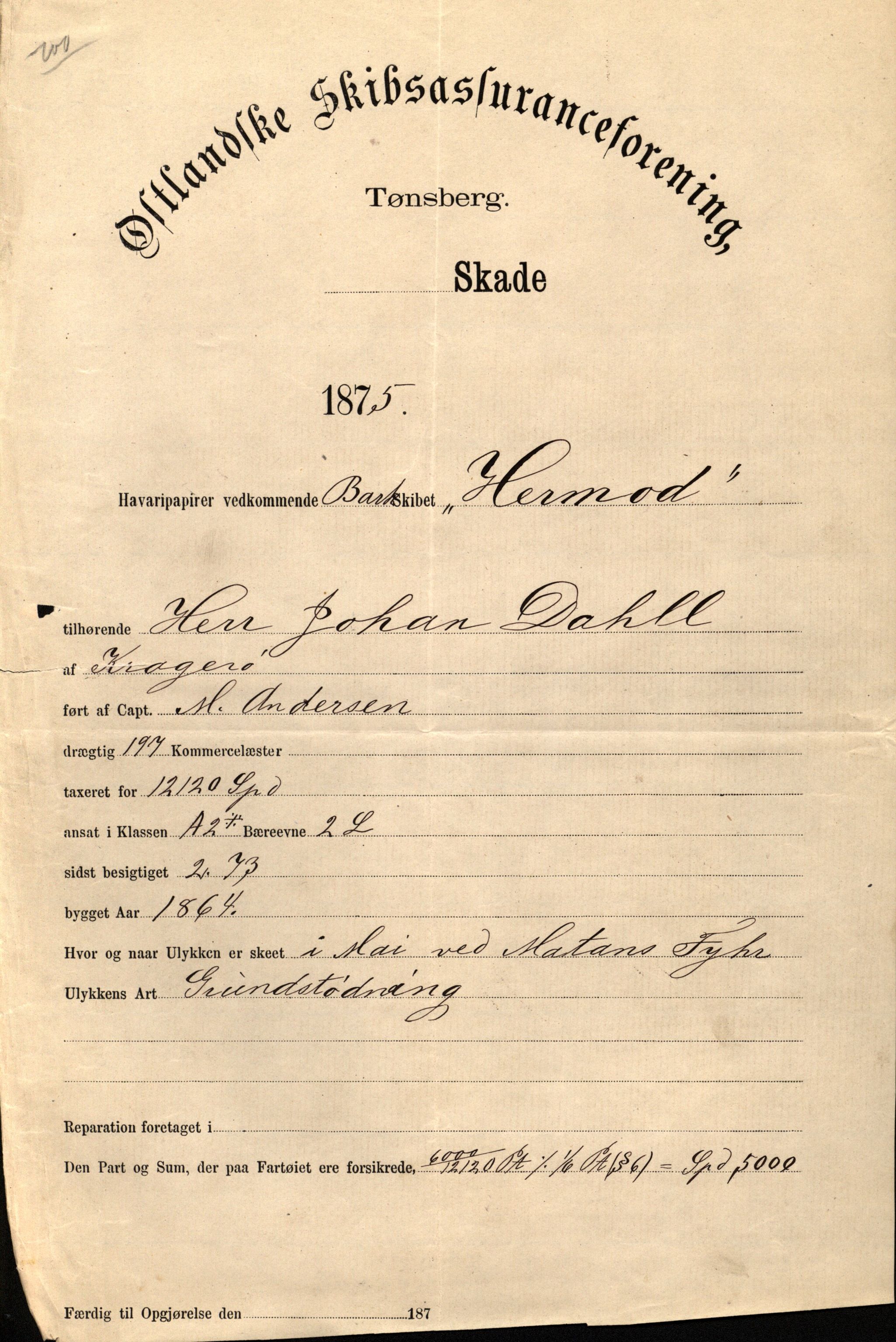 Pa 63 - Østlandske skibsassuranceforening, VEMU/A-1079/G/Ga/L0007/0014: Havaridokumenter / Hermod, 1875