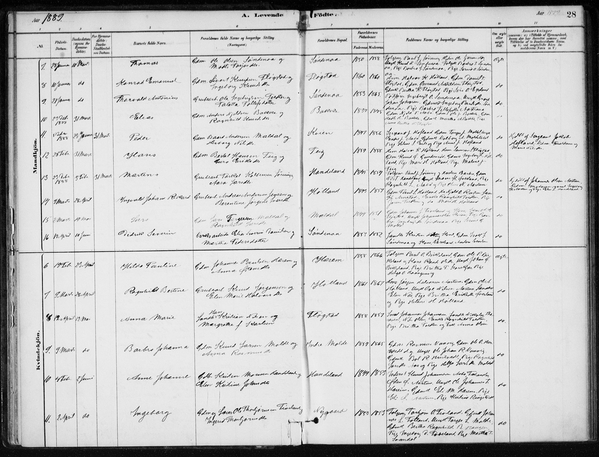 Sand sokneprestkontor, AV/SAST-A-101848/01/III/L0006: Parish register (official) no. A 6, 1880-1898, p. 28