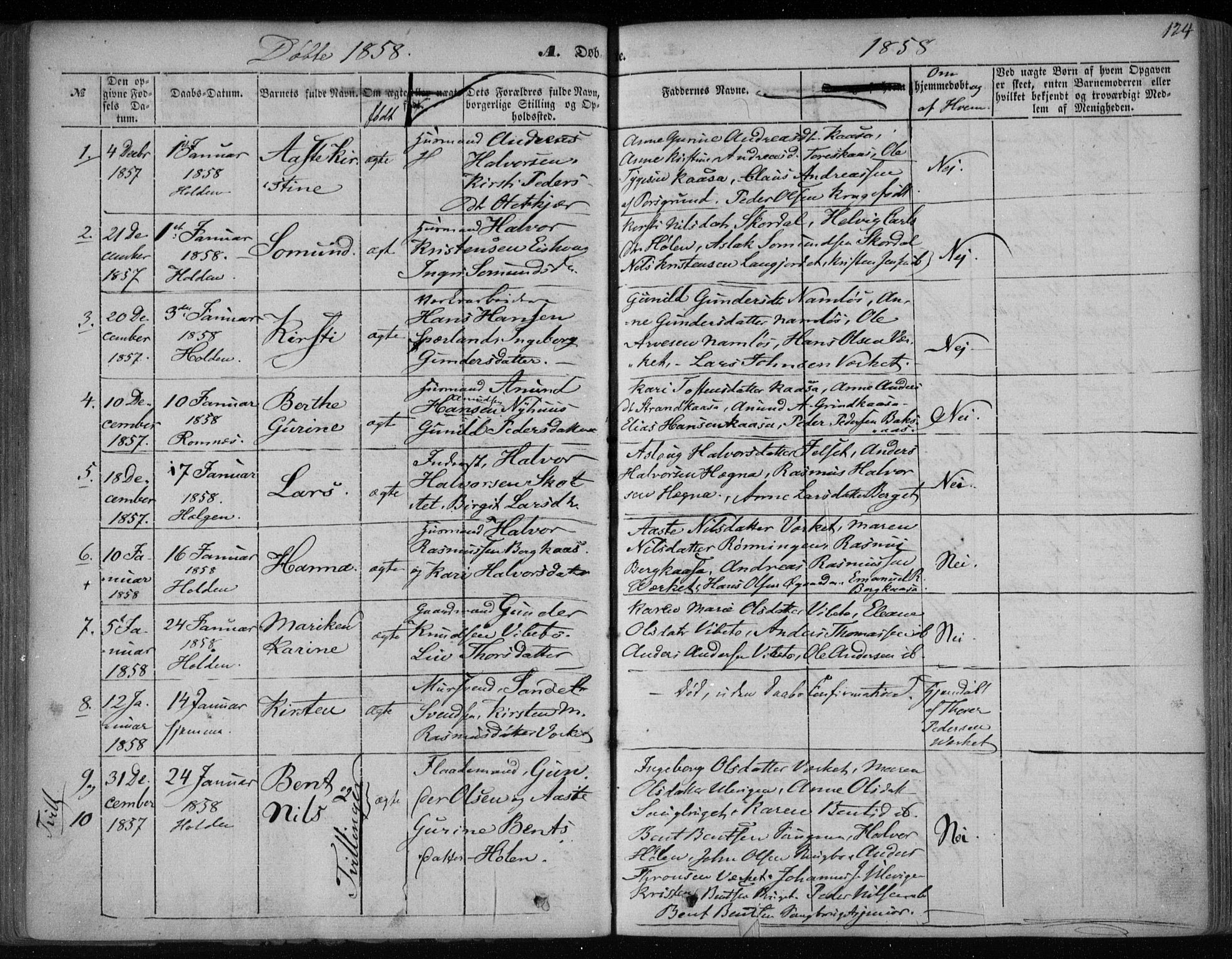 Holla kirkebøker, SAKO/A-272/F/Fa/L0005: Parish register (official) no. 5, 1849-1860, p. 124