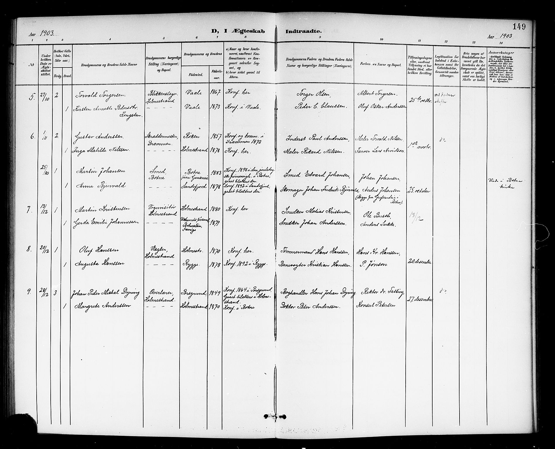 Holmestrand kirkebøker, SAKO/A-346/G/Ga/L0006: Parish register (copy) no. 6, 1901-1923, p. 149