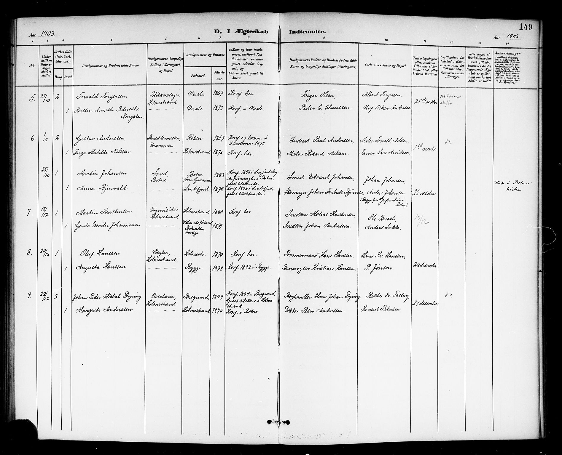 Holmestrand kirkebøker, AV/SAKO-A-346/G/Ga/L0006: Parish register (copy) no. 6, 1901-1923, p. 149