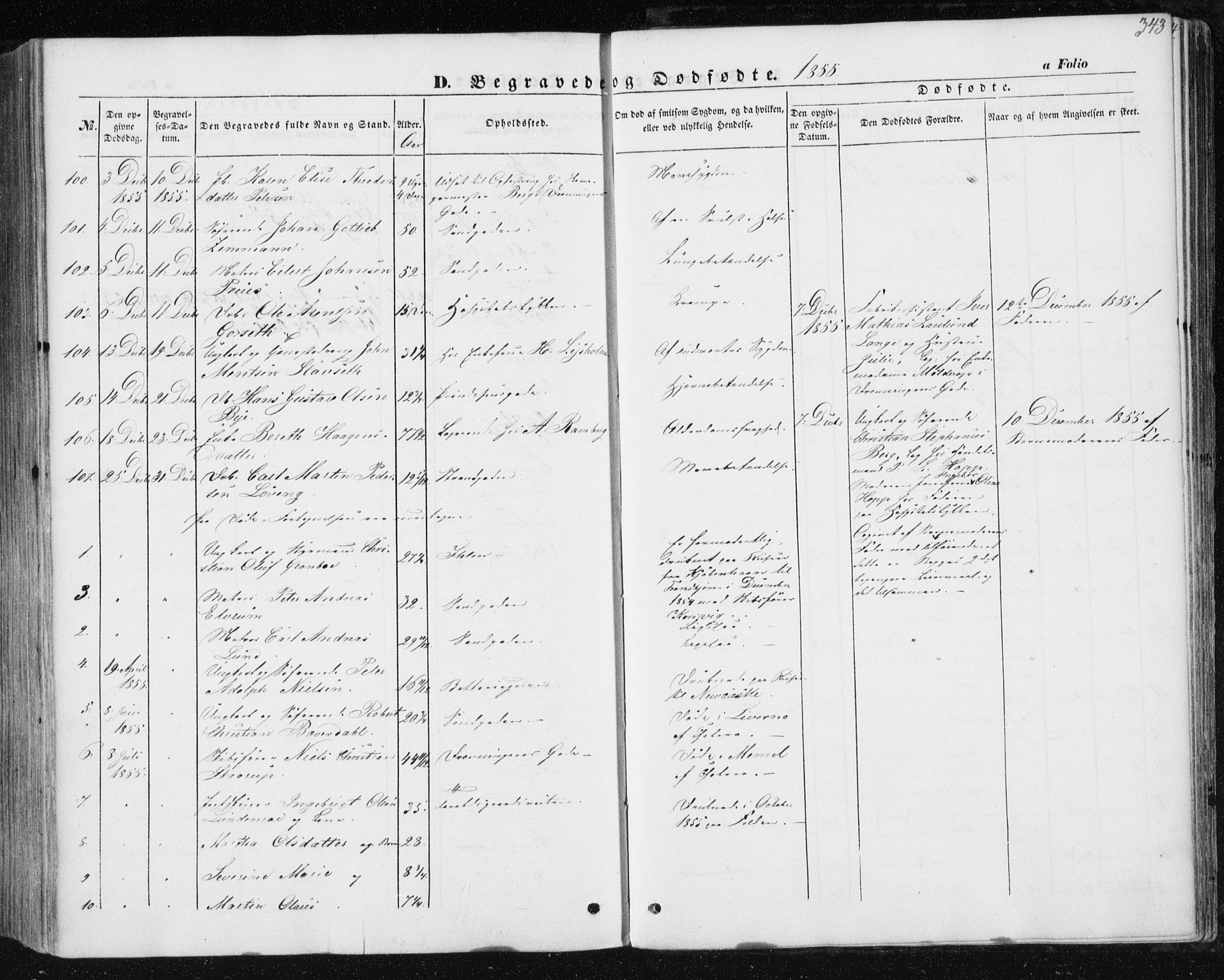 Ministerialprotokoller, klokkerbøker og fødselsregistre - Sør-Trøndelag, SAT/A-1456/602/L0112: Parish register (official) no. 602A10, 1848-1859, p. 343