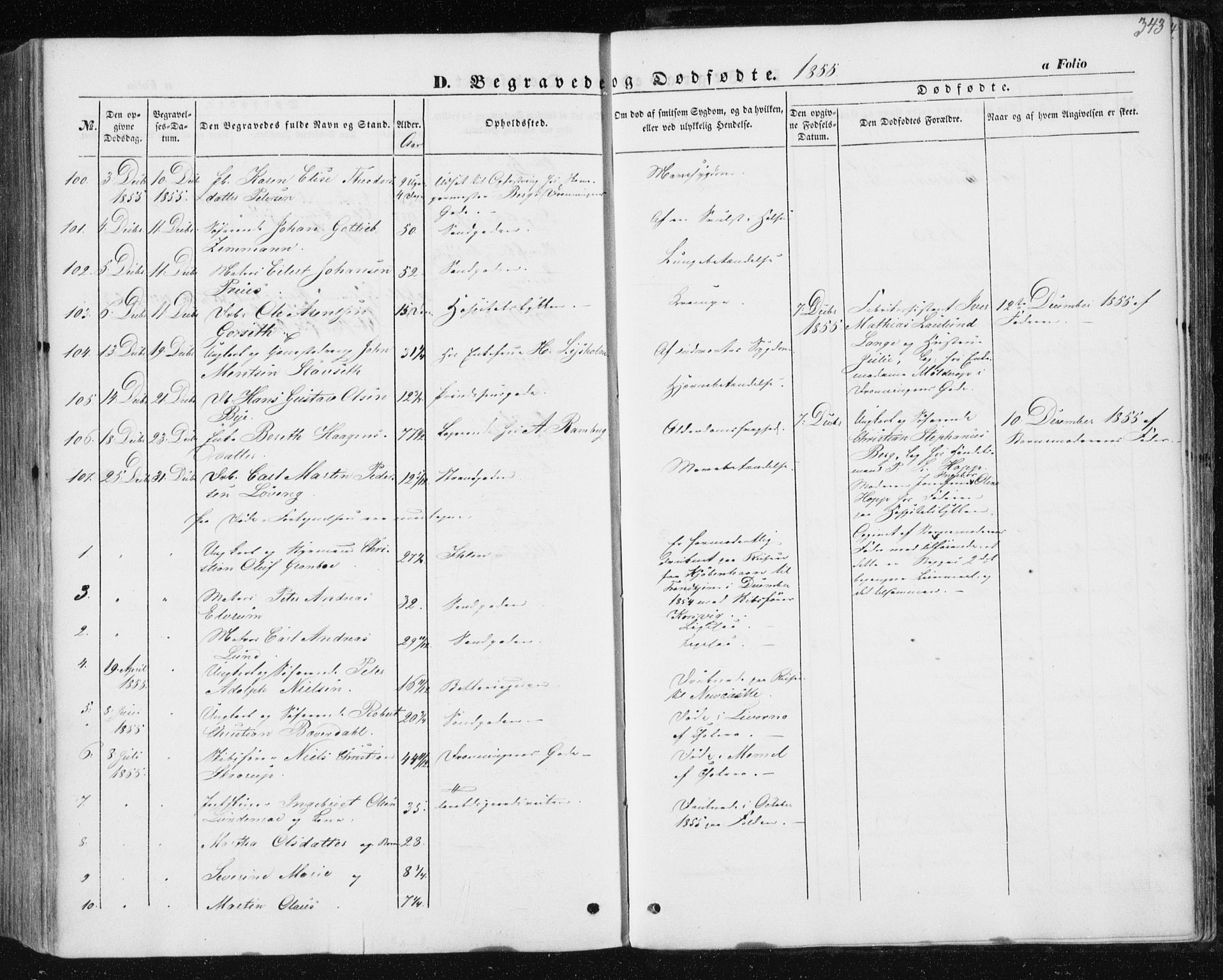 Ministerialprotokoller, klokkerbøker og fødselsregistre - Sør-Trøndelag, AV/SAT-A-1456/602/L0112: Parish register (official) no. 602A10, 1848-1859, p. 343