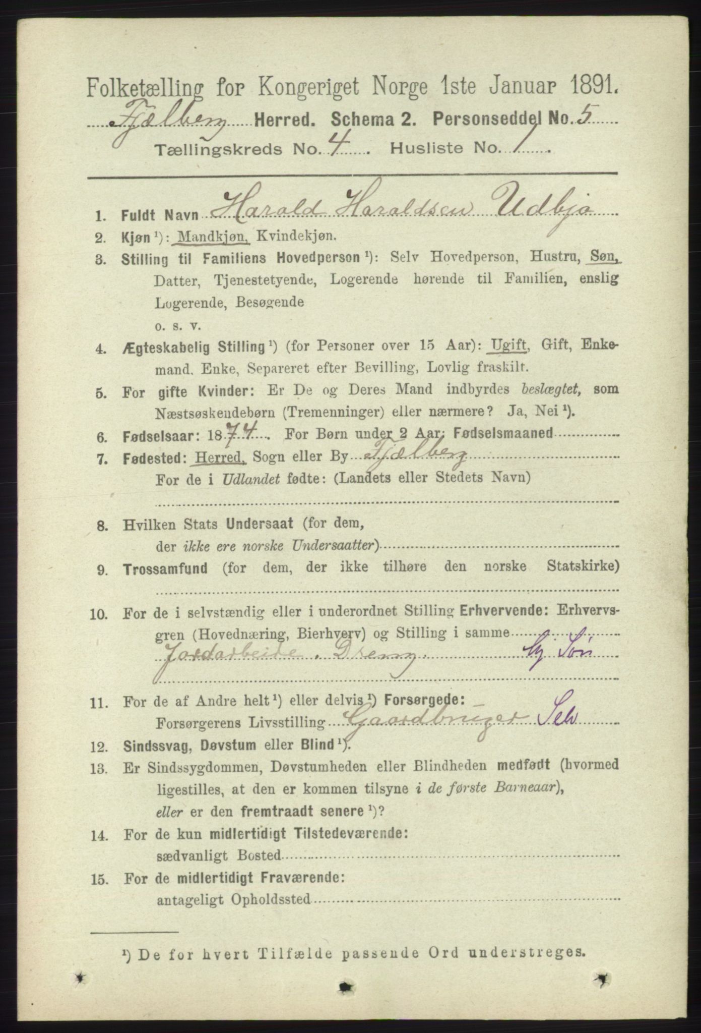 RA, 1891 census for 1213 Fjelberg, 1891, p. 1175