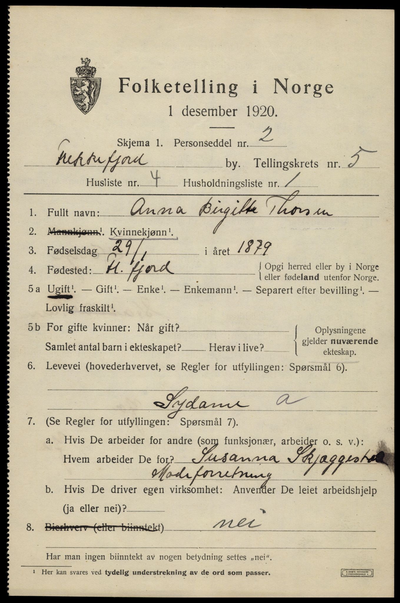 SAK, 1920 census for Flekkefjord, 1920, p. 5186