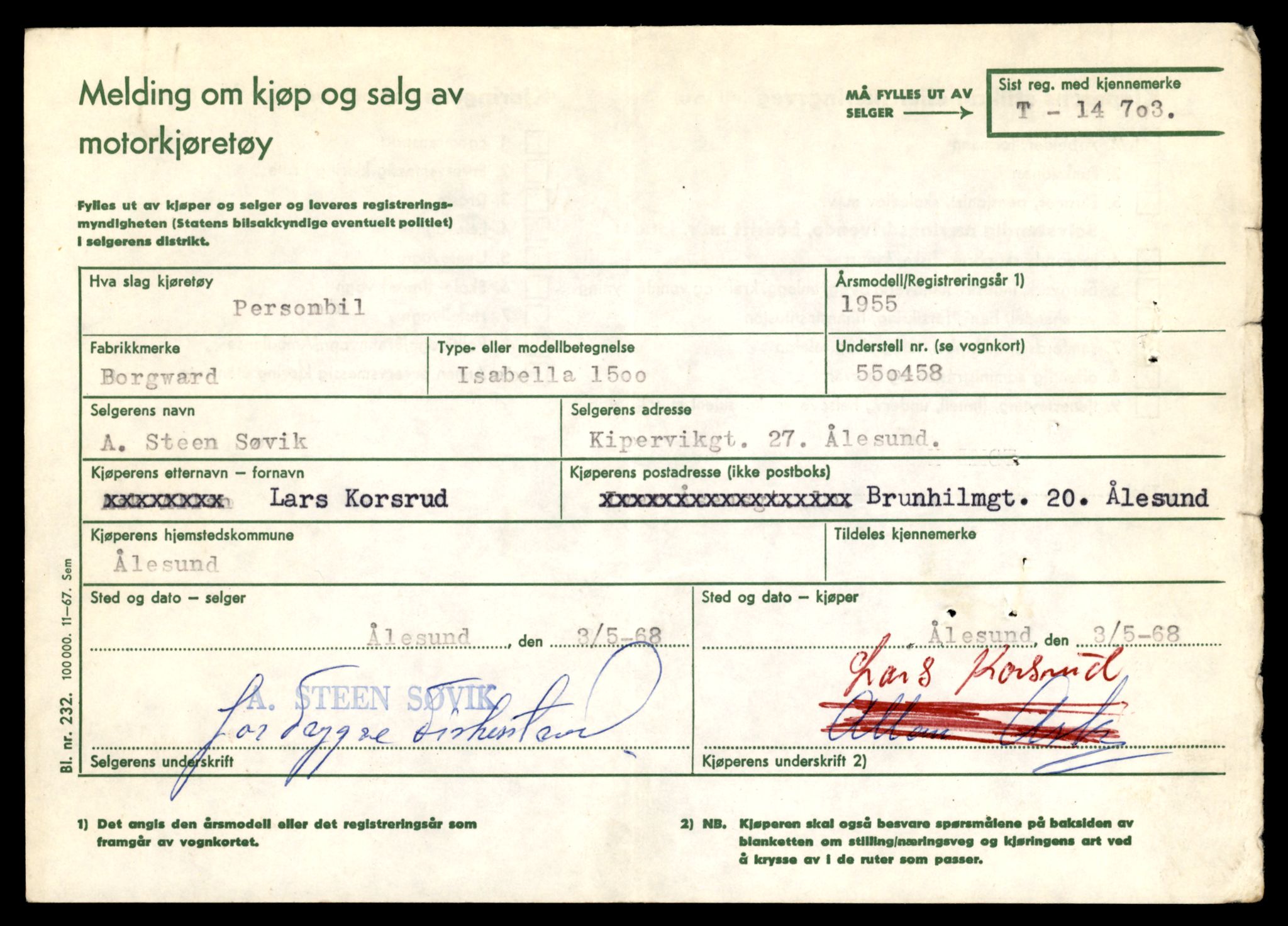 Møre og Romsdal vegkontor - Ålesund trafikkstasjon, SAT/A-4099/F/Fe/L0047: Registreringskort for kjøretøy T 14580 - T 14720, 1927-1998, p. 2905