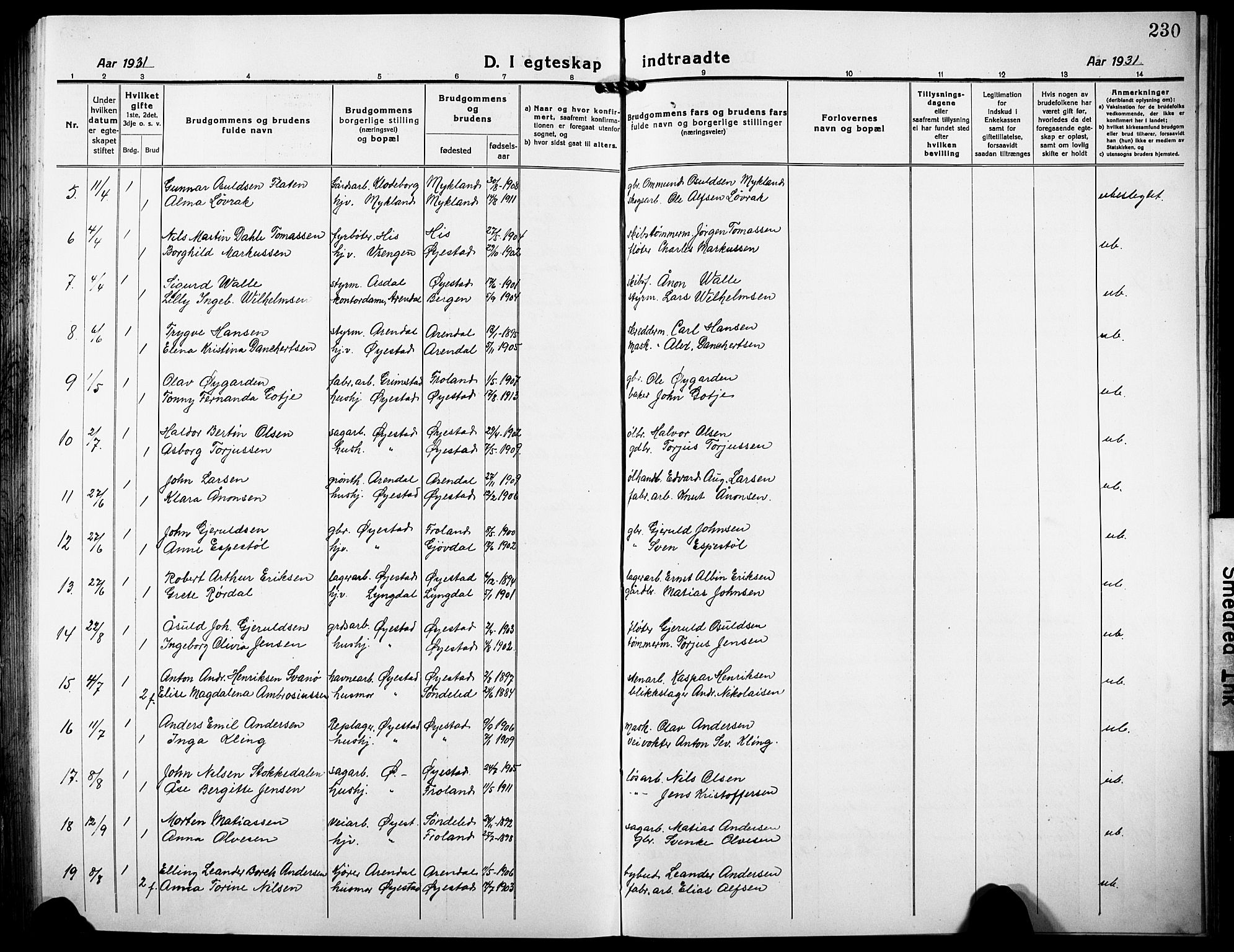 Øyestad sokneprestkontor, AV/SAK-1111-0049/F/Fb/L0012: Parish register (copy) no. B 12, 1919-1932, p. 230