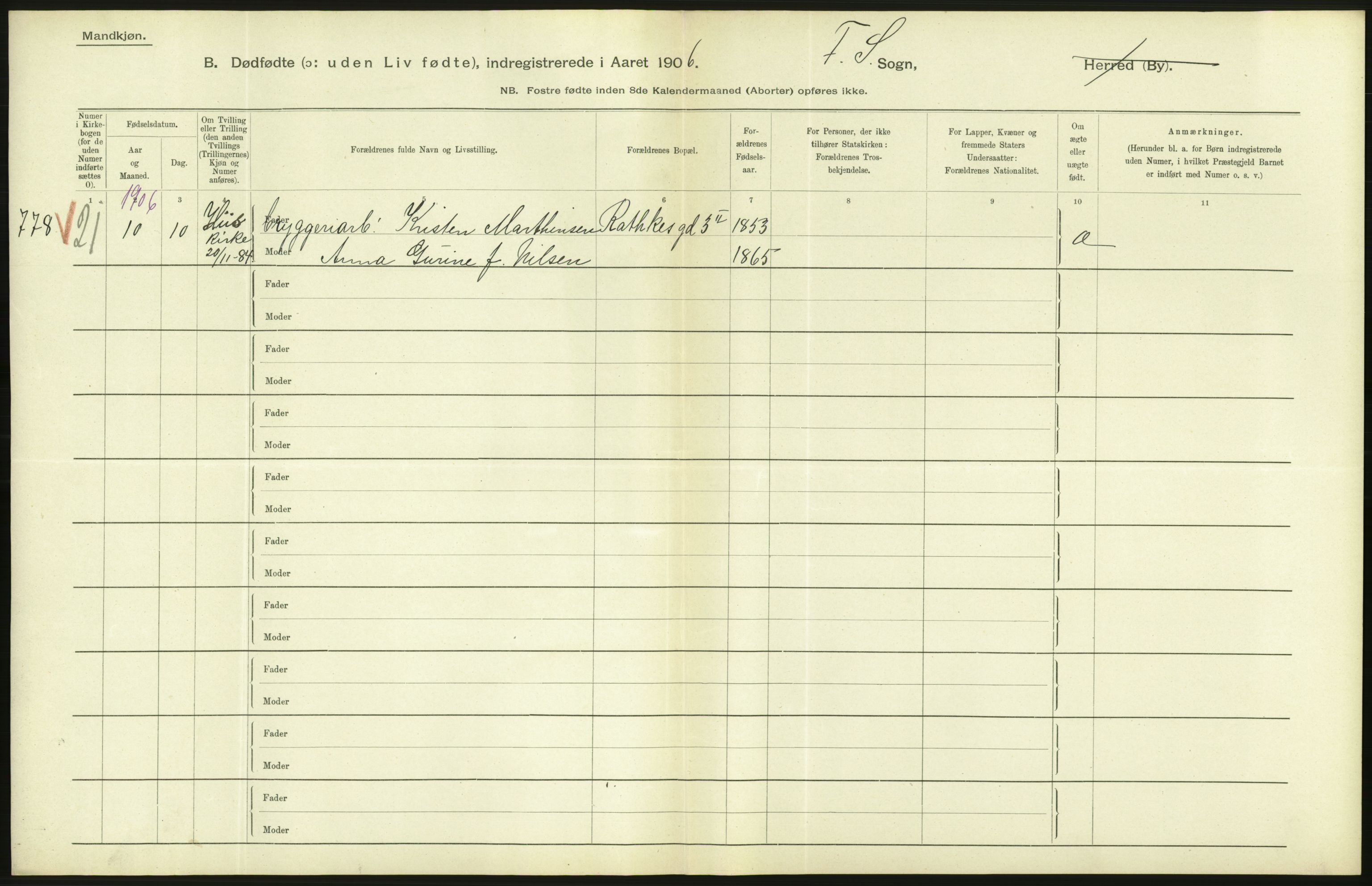 Statistisk sentralbyrå, Sosiodemografiske emner, Befolkning, AV/RA-S-2228/D/Df/Dfa/Dfad/L0010: Kristiania: Døde, dødfødte, 1906, p. 498