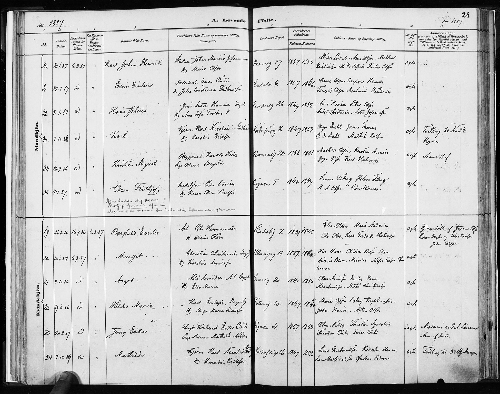 Kampen prestekontor Kirkebøker, AV/SAO-A-10853/F/Fa/L0003: Parish register (official) no. I 3, 1886-1892, p. 24