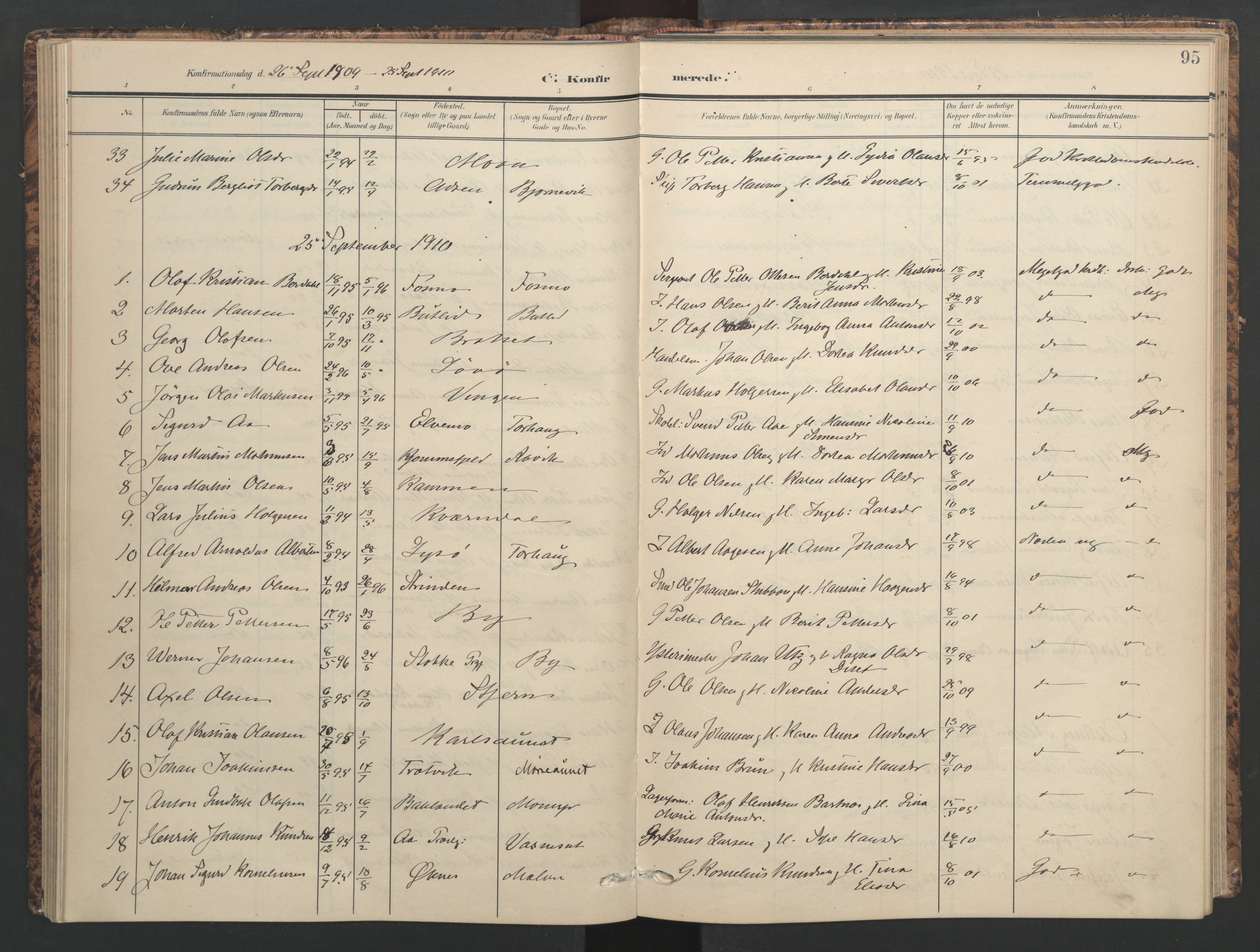 Ministerialprotokoller, klokkerbøker og fødselsregistre - Sør-Trøndelag, SAT/A-1456/655/L0682: Parish register (official) no. 655A11, 1908-1922, p. 95