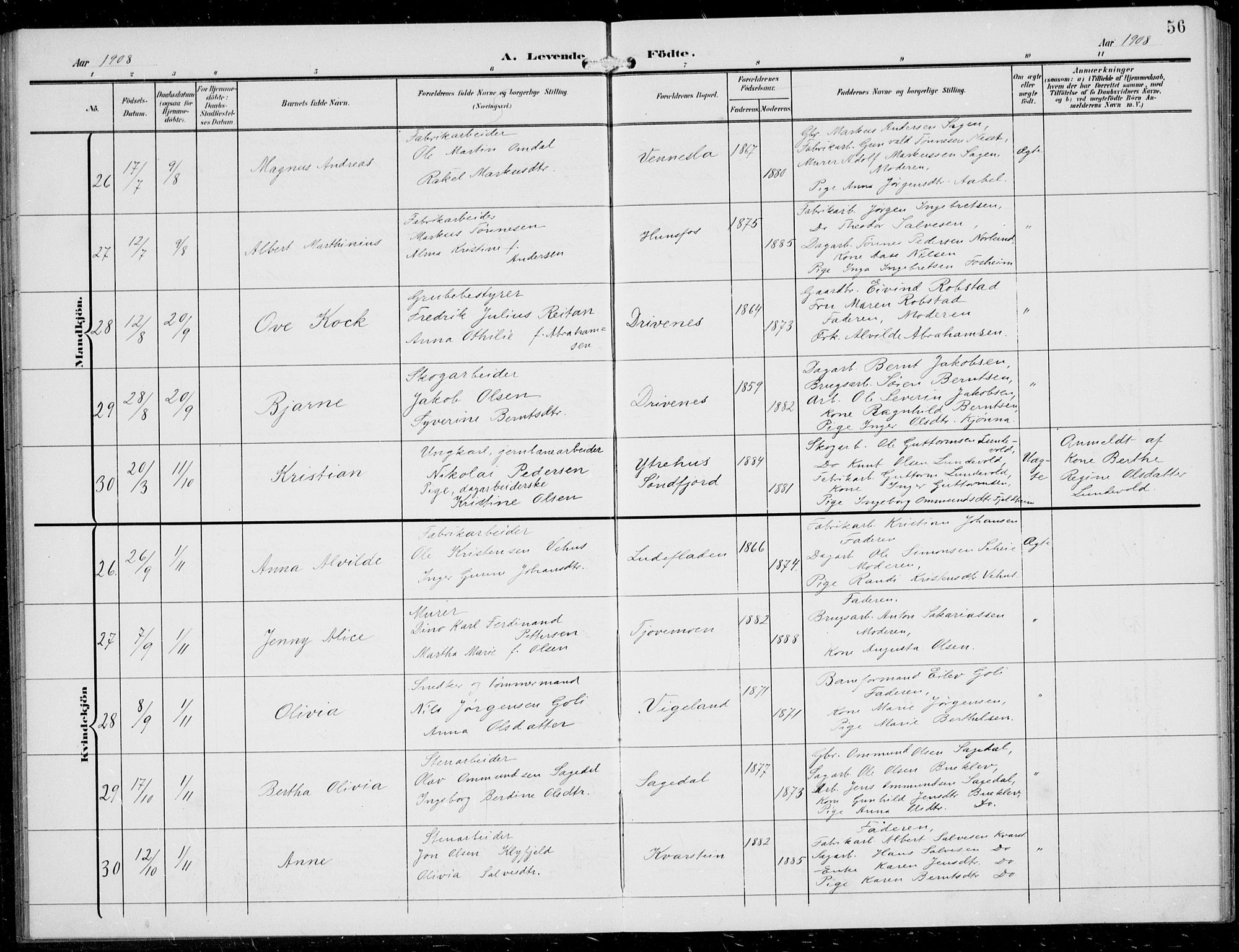 Vennesla sokneprestkontor, AV/SAK-1111-0045/Fb/Fbb/L0005: Parish register (copy) no. B 5, 1903-1913, p. 56