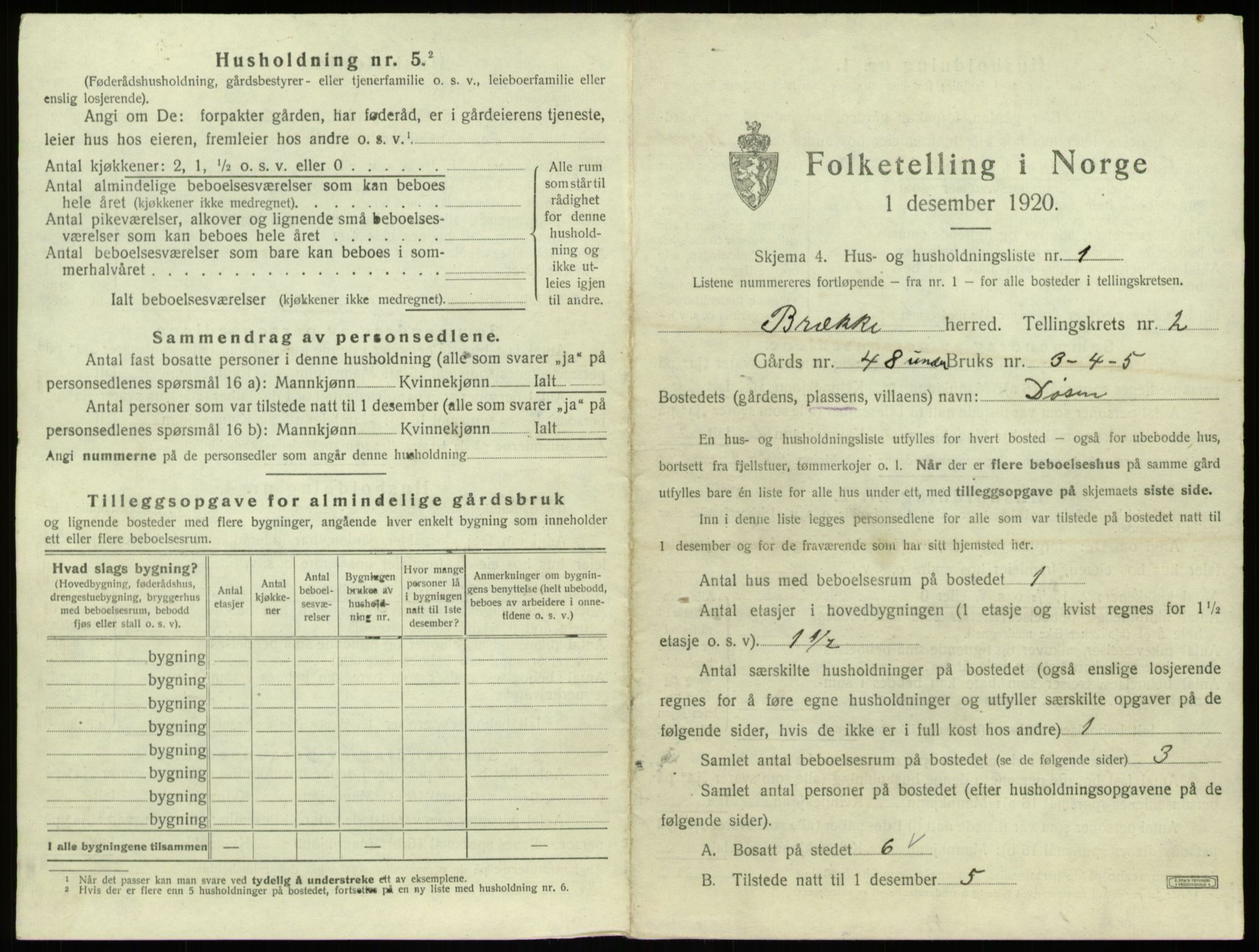 SAB, 1920 census for Brekke, 1920, p. 66