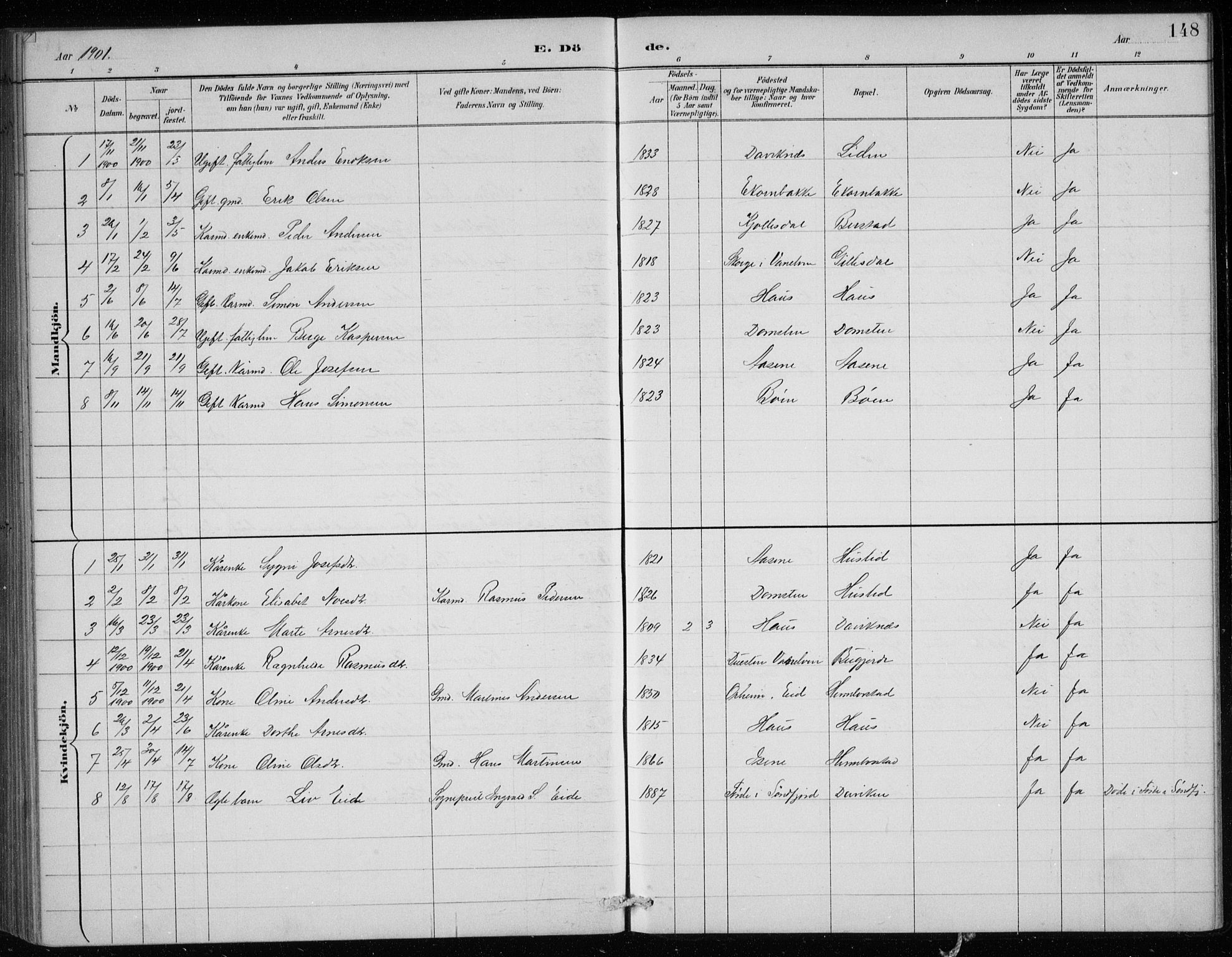 Davik sokneprestembete, AV/SAB-A-79701/H/Hab/Haba/L0002: Parish register (copy) no. A 2, 1890-1911, p. 148