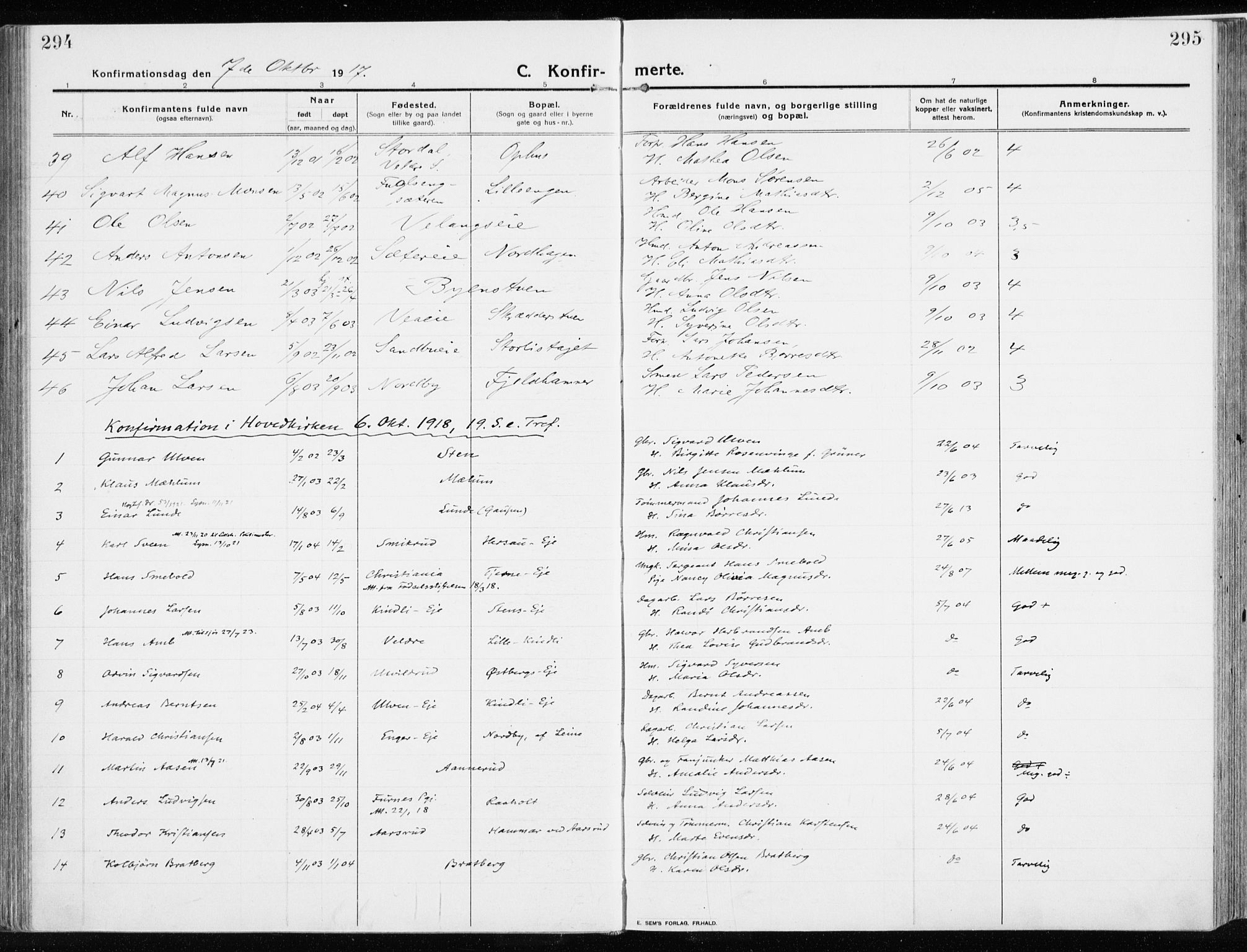 Ringsaker prestekontor, SAH/PREST-014/K/Ka/L0020: Parish register (official) no. 20, 1913-1922, p. 294-295
