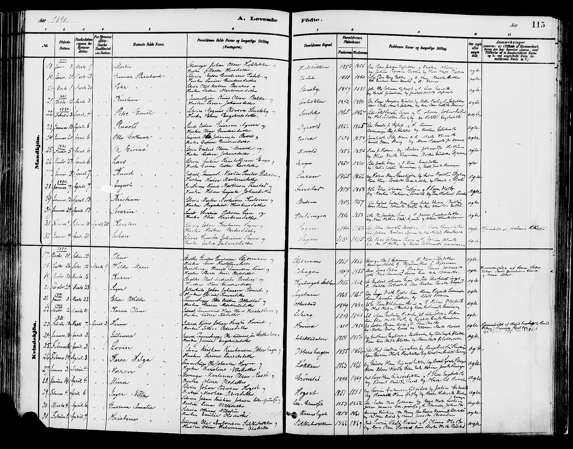 Elverum prestekontor, AV/SAH-PREST-044/H/Ha/Haa/L0013: Parish register (official) no. 13, 1880-1890, p. 115