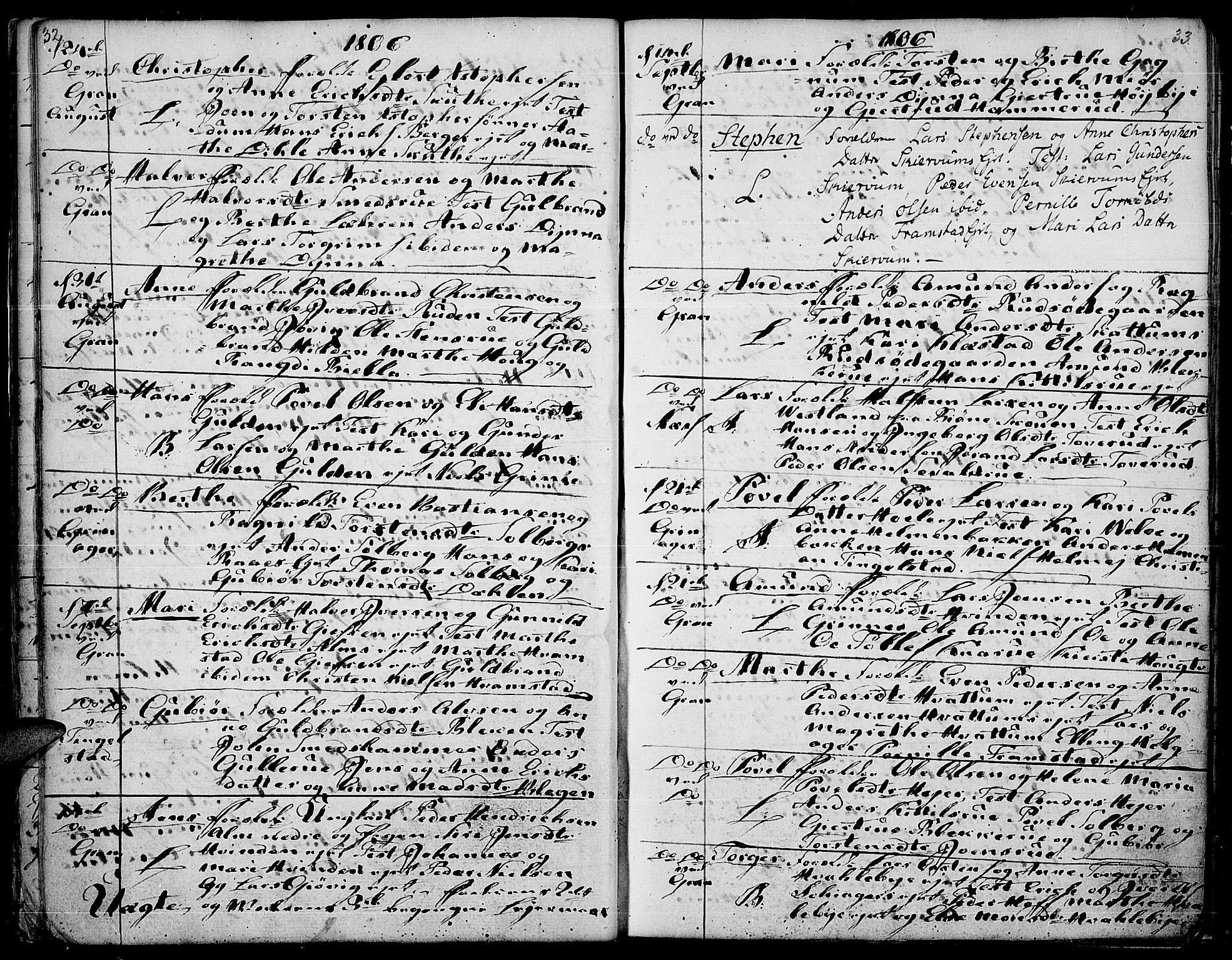 Gran prestekontor, AV/SAH-PREST-112/H/Ha/Haa/L0007: Parish register (official) no. 7, 1804-1815, p. 32-33