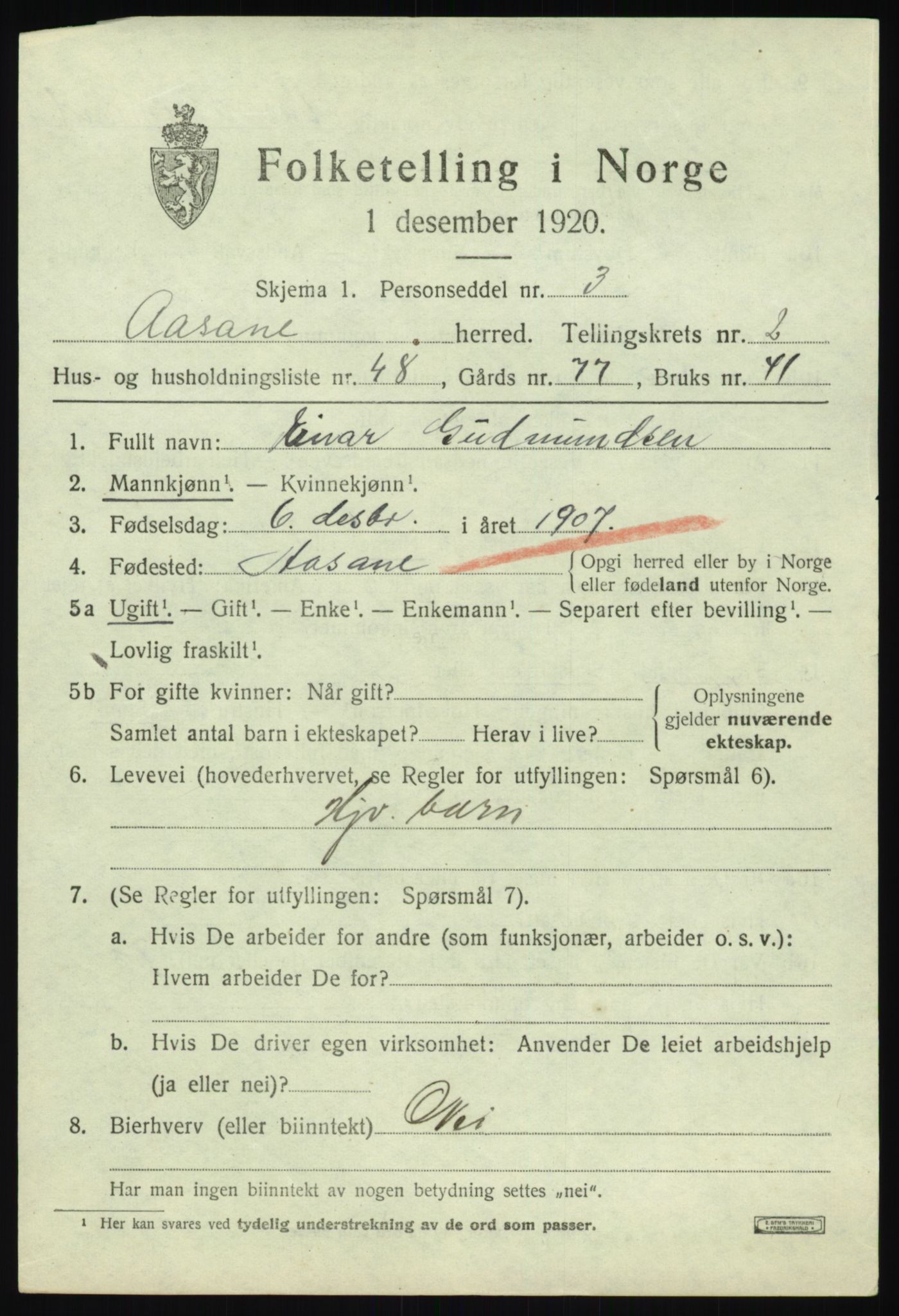 SAB, 1920 census for Åsane, 1920, p. 1995