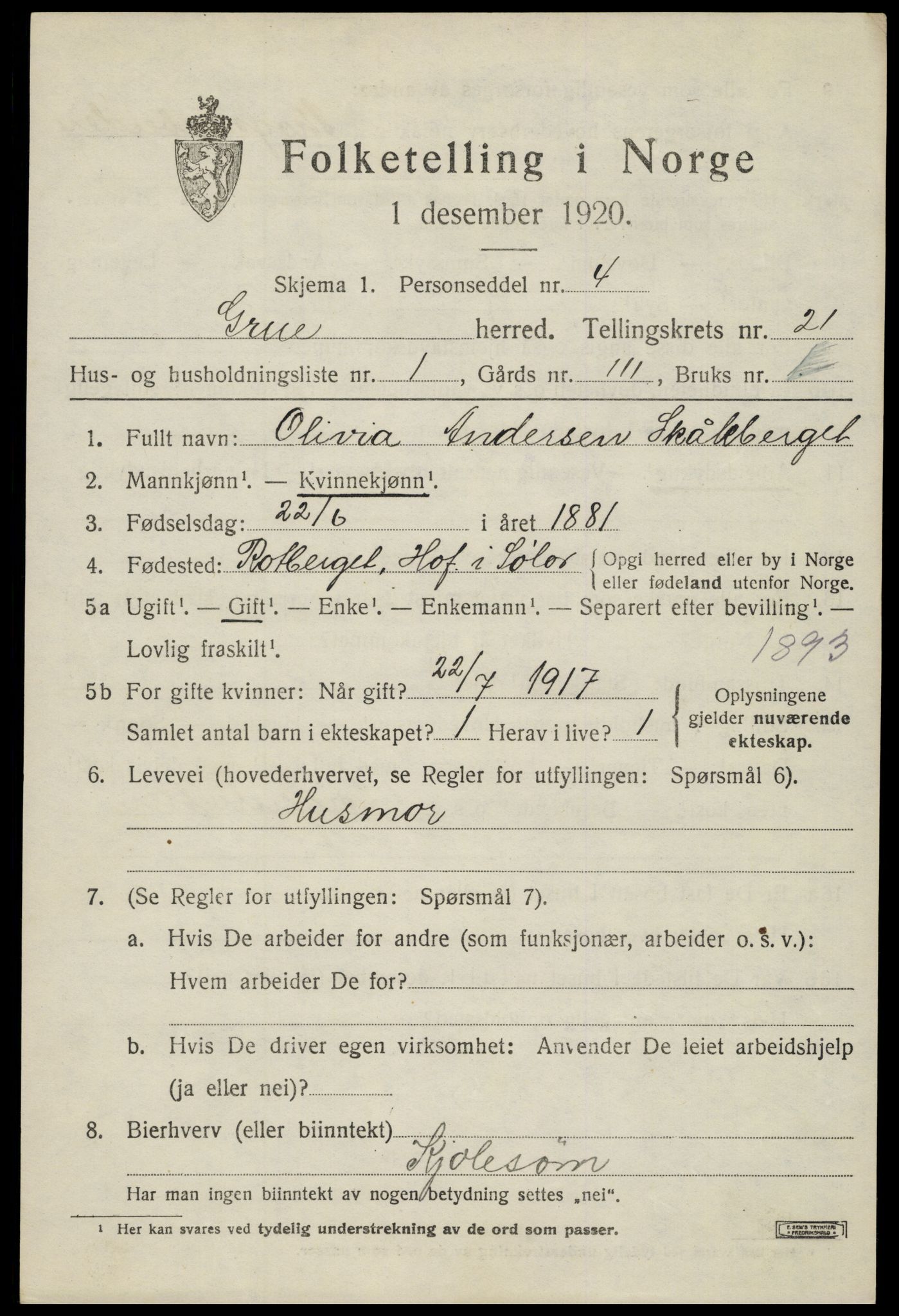 SAH, 1920 census for Grue, 1920, p. 15291