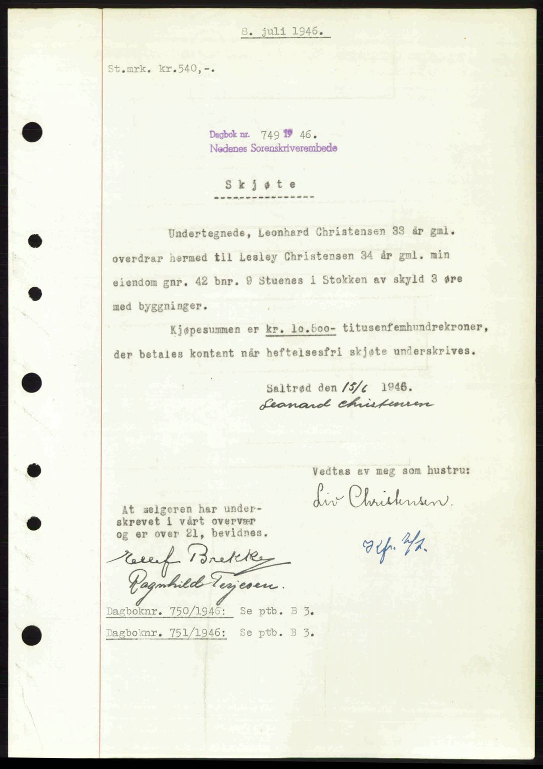 Nedenes sorenskriveri, SAK/1221-0006/G/Gb/Gba/L0055: Mortgage book no. A7, 1946-1946, Diary no: : 749/1946