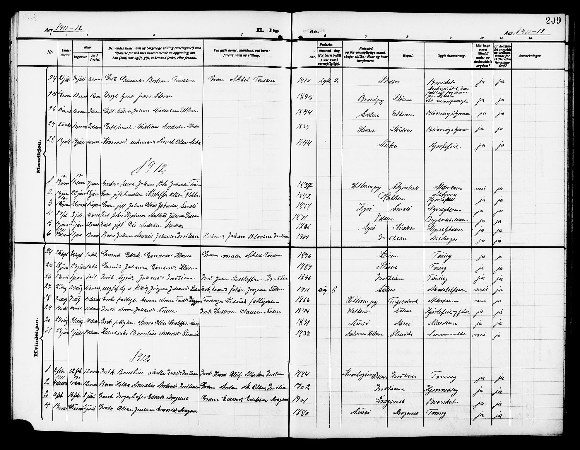 Ministerialprotokoller, klokkerbøker og fødselsregistre - Sør-Trøndelag, SAT/A-1456/640/L0588: Parish register (copy) no. 640C05, 1909-1922, p. 209
