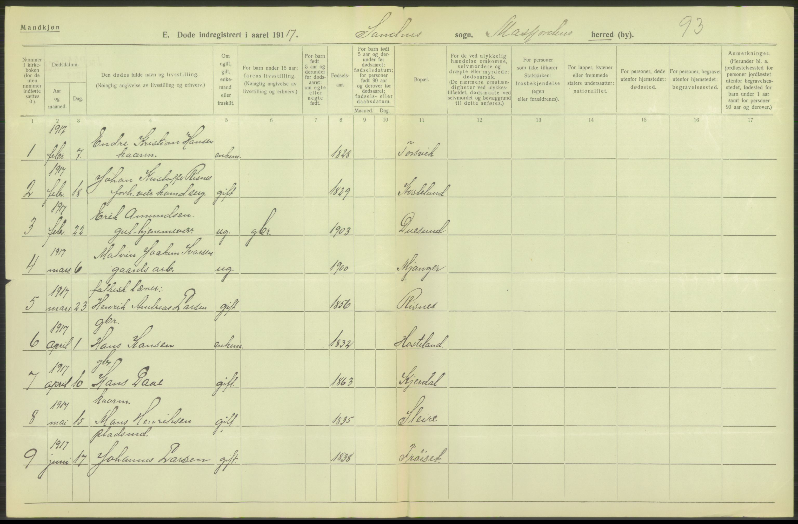 Statistisk sentralbyrå, Sosiodemografiske emner, Befolkning, RA/S-2228/D/Df/Dfb/Dfbg/L0036: S. Bergenhus amt: Døde, dødfødte. Bygder., 1917, p. 470