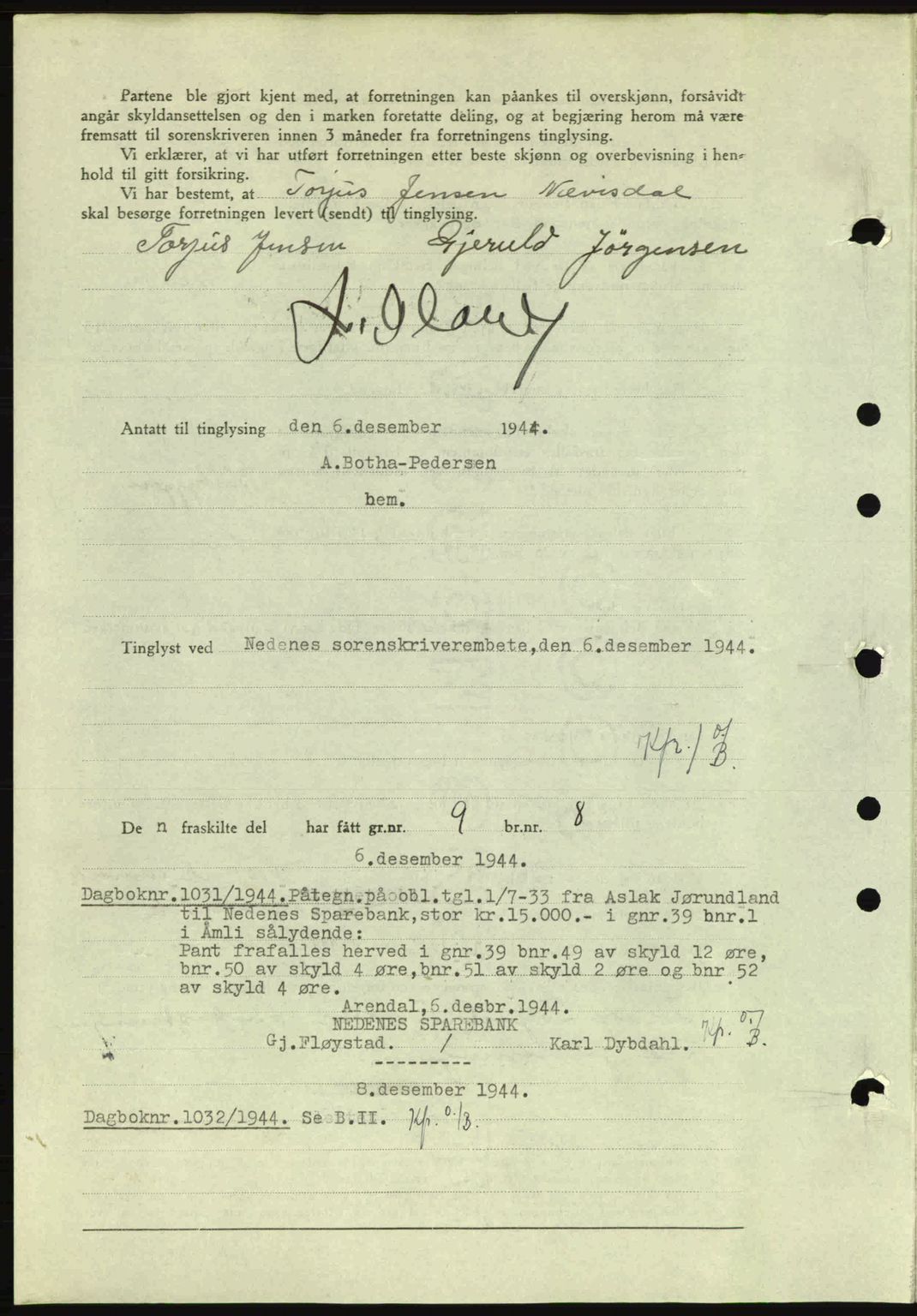 Nedenes sorenskriveri, AV/SAK-1221-0006/G/Gb/Gba/L0052: Mortgage book no. A6a, 1944-1945, Diary no: : 1030/1944