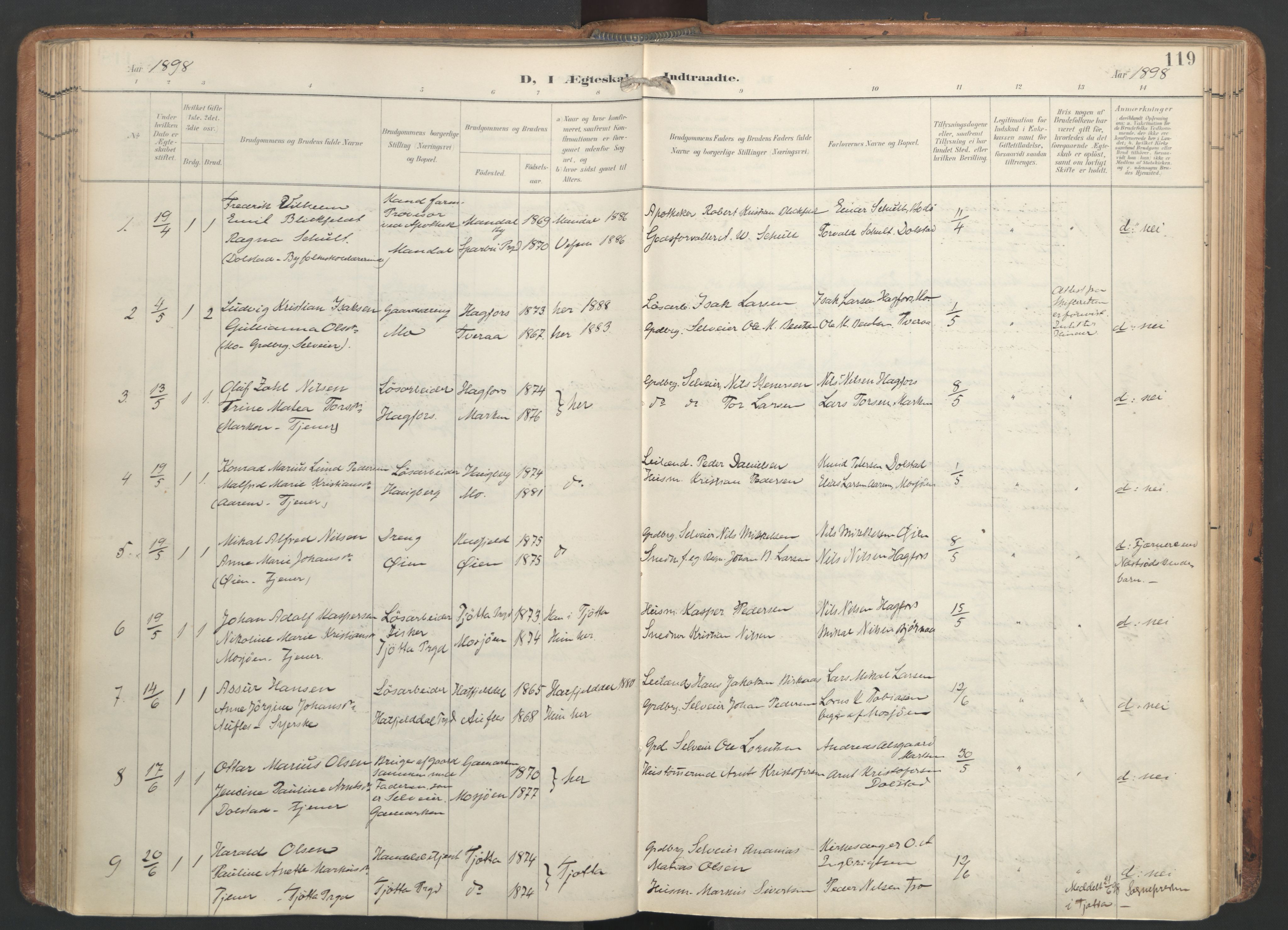 Ministerialprotokoller, klokkerbøker og fødselsregistre - Nordland, AV/SAT-A-1459/820/L0298: Parish register (official) no. 820A19, 1897-1915, p. 119