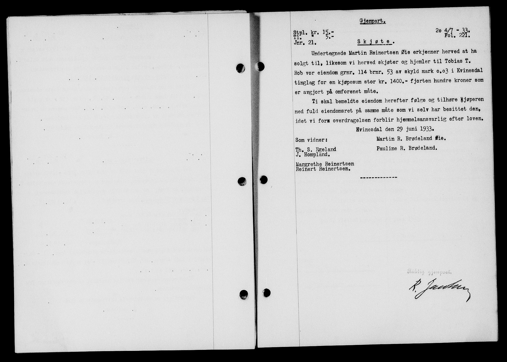 Flekkefjord sorenskriveri, SAK/1221-0001/G/Gb/Gba/L0049: Mortgage book no. 46, 1933-1934, Deed date: 04.07.1933