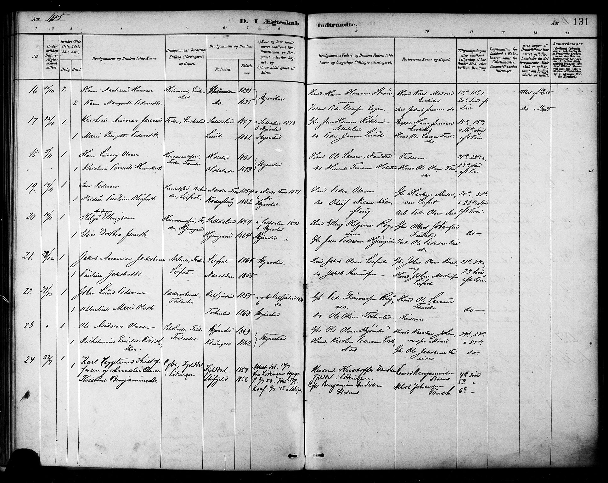 Ministerialprotokoller, klokkerbøker og fødselsregistre - Nordland, SAT/A-1459/849/L0689: Parish register (official) no. 849A01, 1879-1889, p. 131